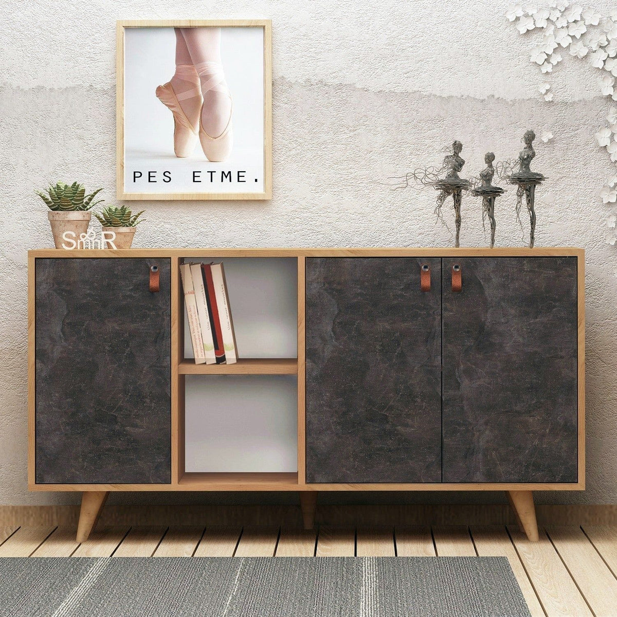 Comoda Planky,stejar/gri antracit, PAL melaminat, 140x40x86 cm