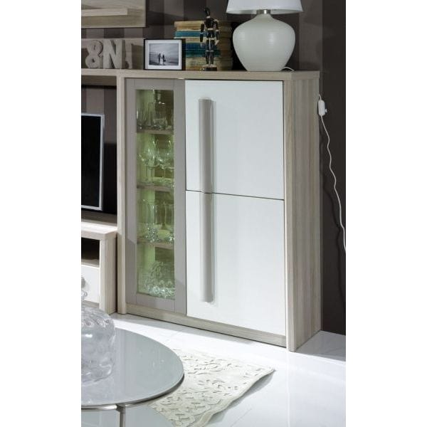 Comoda ROMA 2A, alb/stejar, PAL/PVC/sticla, 90x43x130 cm