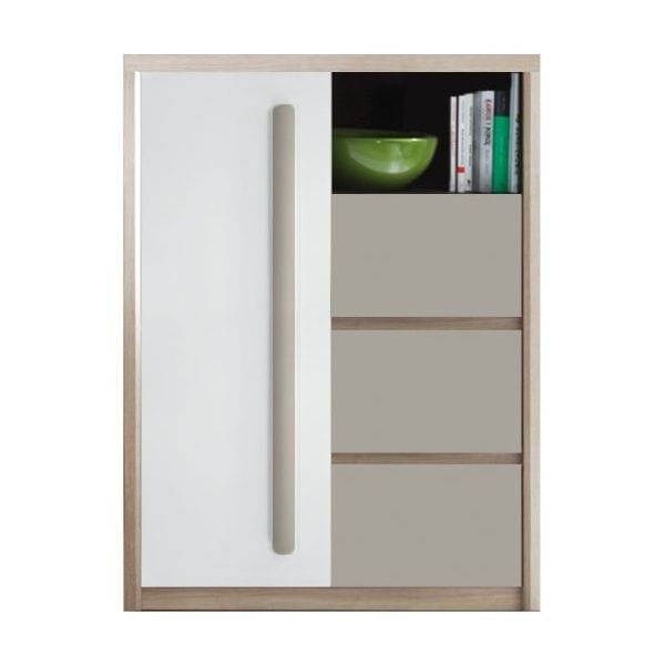 Comoda ROMA 8, stejar Ferrara/alb lucios/gri mat, PAL/PVC, 90x43x117 cm