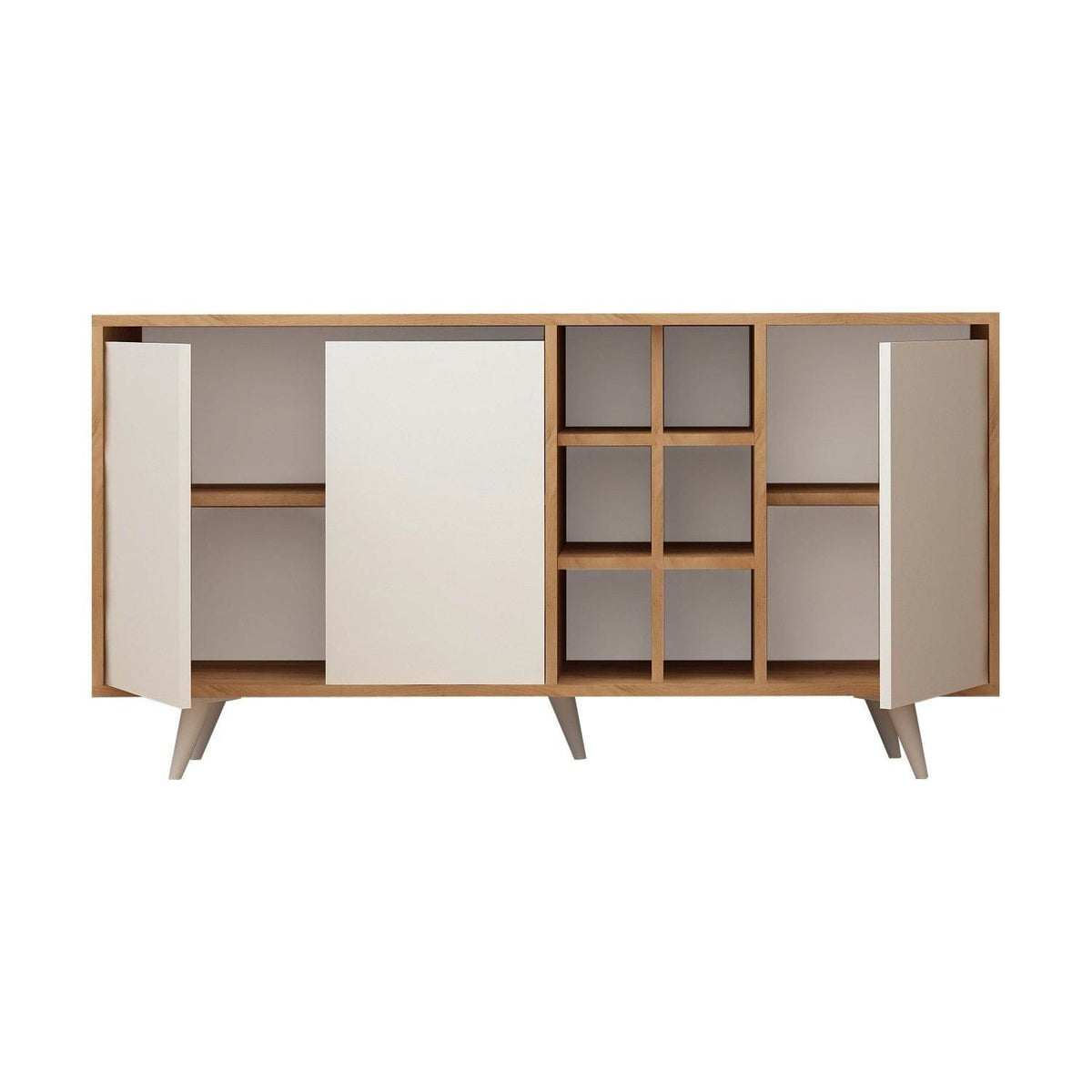 Comoda Seria, din PAL melaminat, alb/stejar, 140x40x86 cm