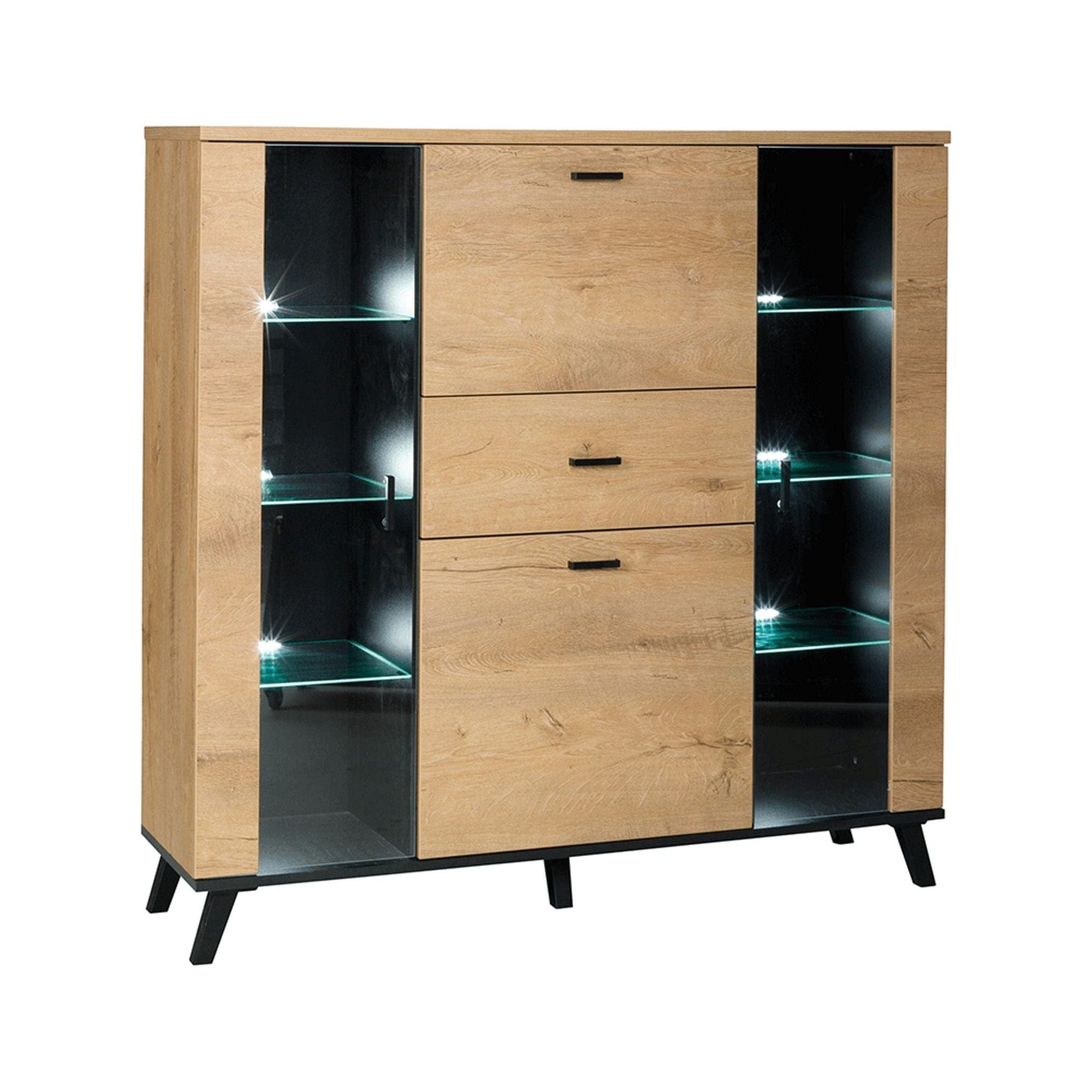 Comoda SIRAN TYP 3, stejar lefkas/negru, DTD laminat/plastic, cu iluminare LED, 131x40x131 cm