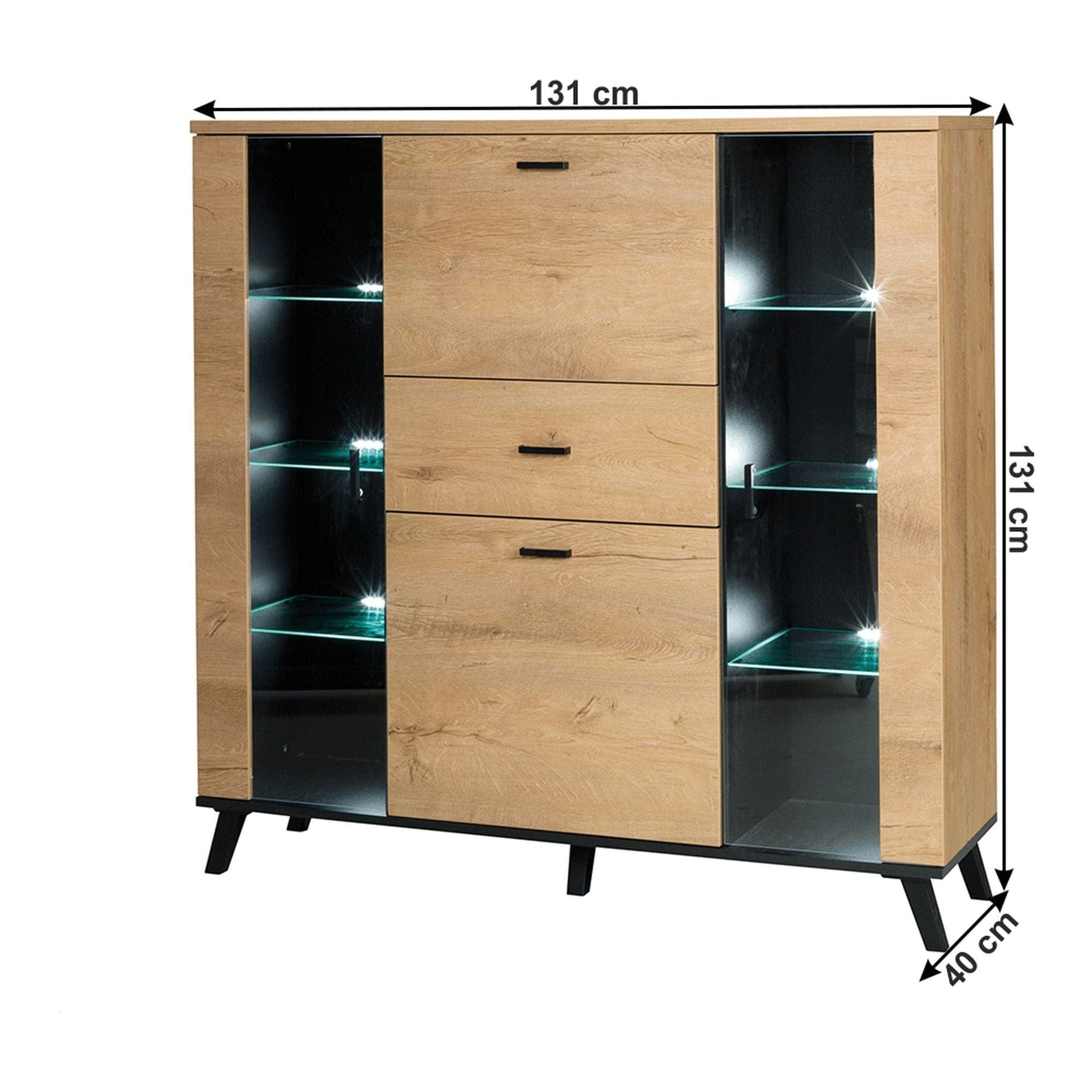 Comoda SIRAN TYP 3, stejar lefkas/negru, DTD laminat/plastic, cu iluminare LED, 131x40x131 cm