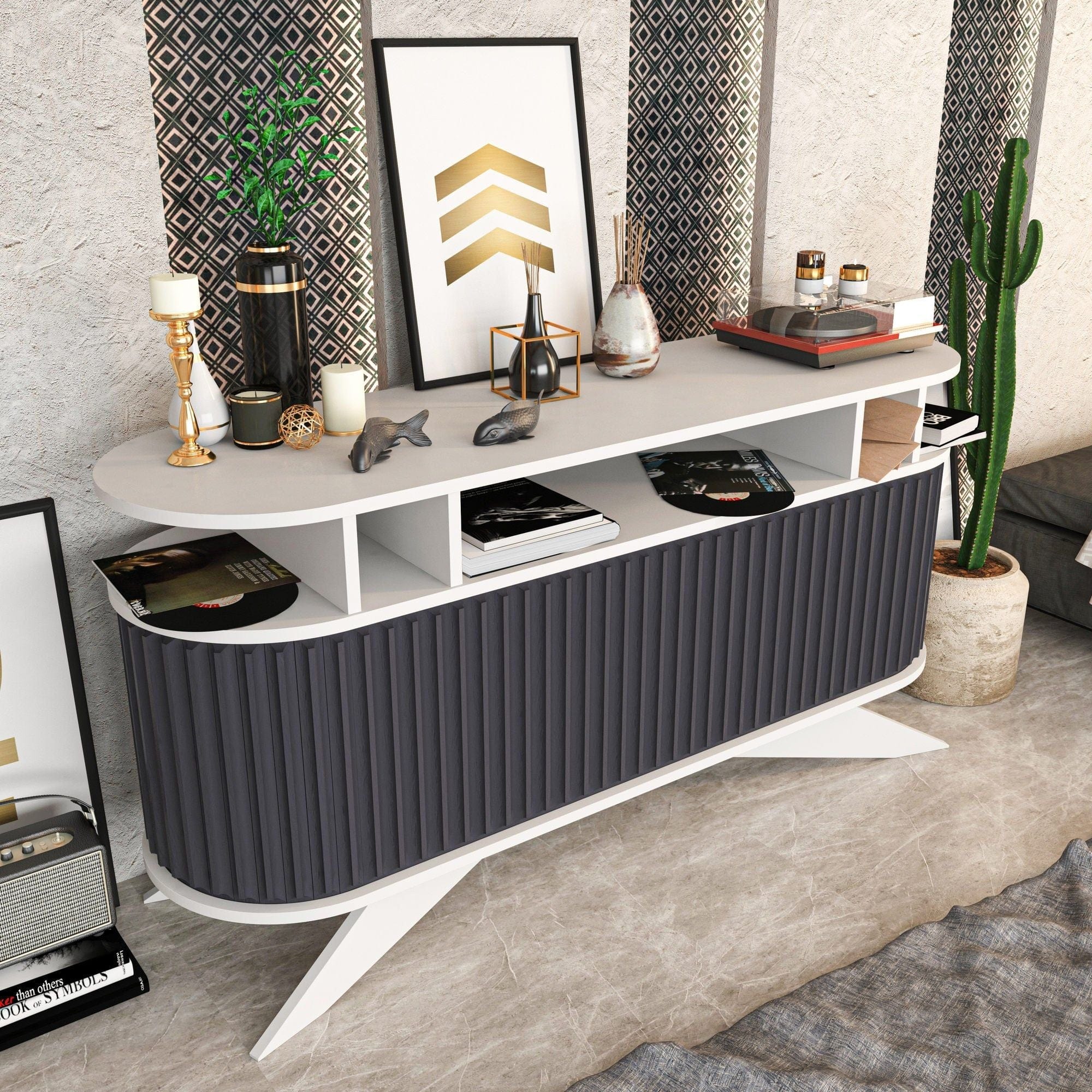 Comoda STOR, alb/gri antracit, PAL melaminat, 150x43x75 cm