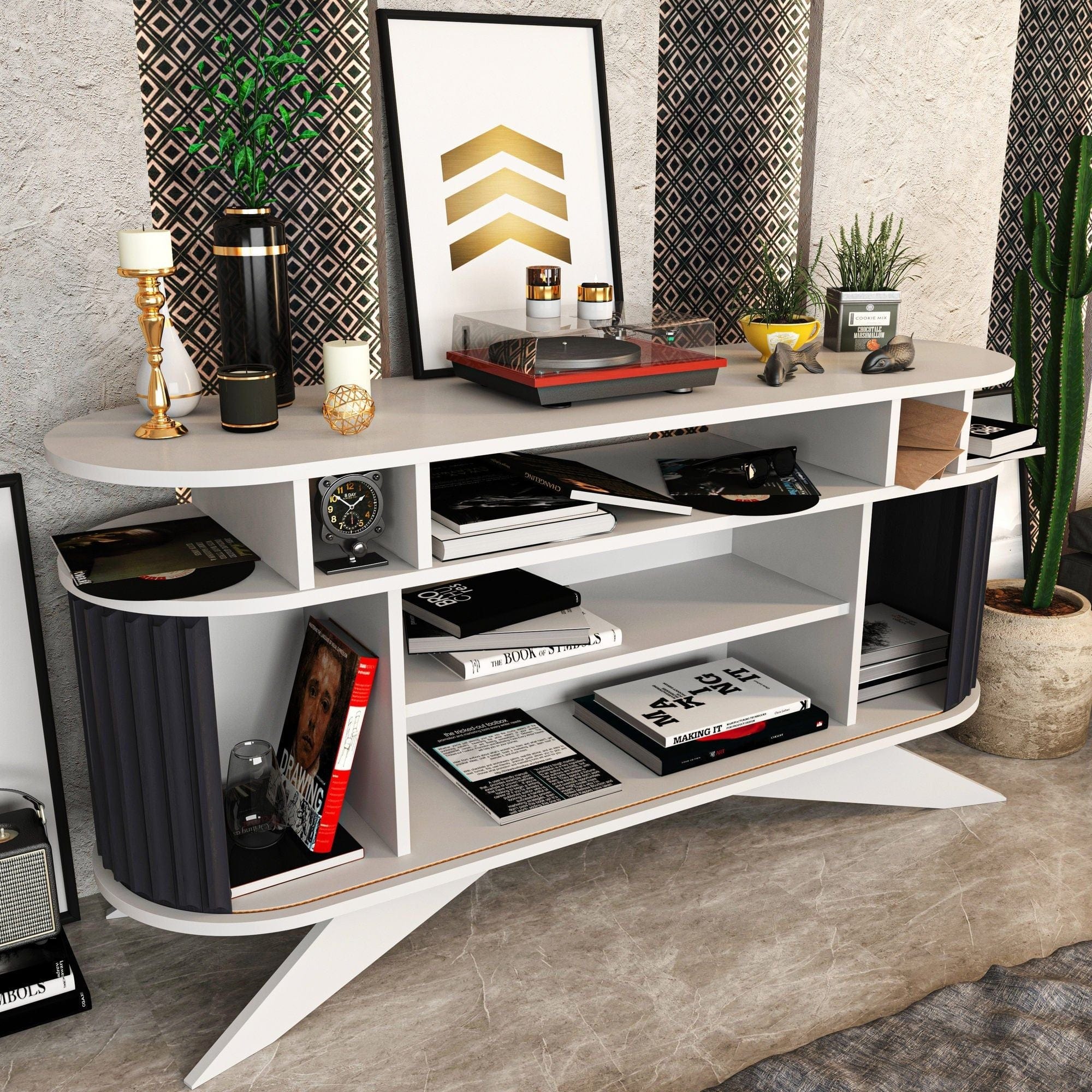 Comoda STOR, alb/gri antracit, PAL melaminat, 150x43x75 cm