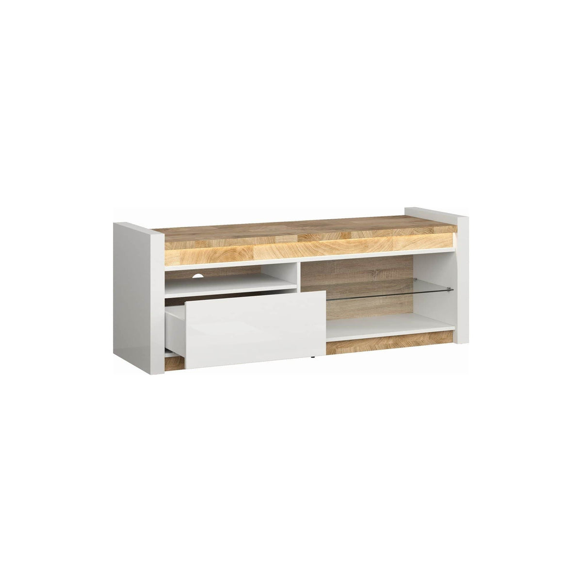 Comoda TV ALAMEDA, alb/stejar, PAL, 147x46x55 cm
