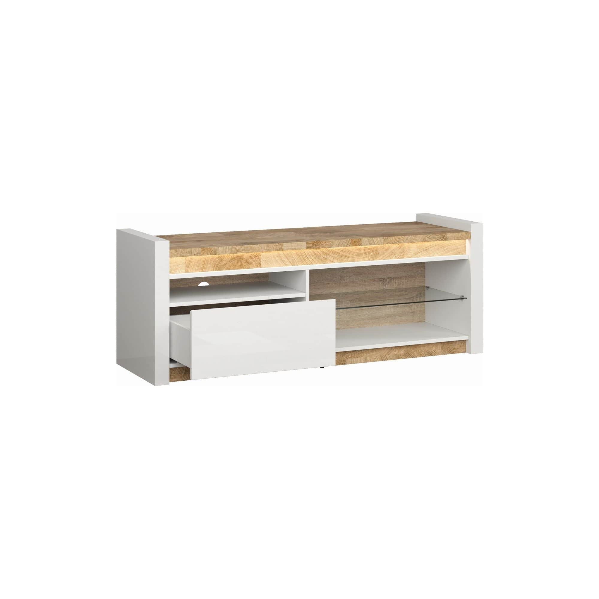 Comoda TV ALAMEDA, alb/stejar, PAL, 147x46x55 cm