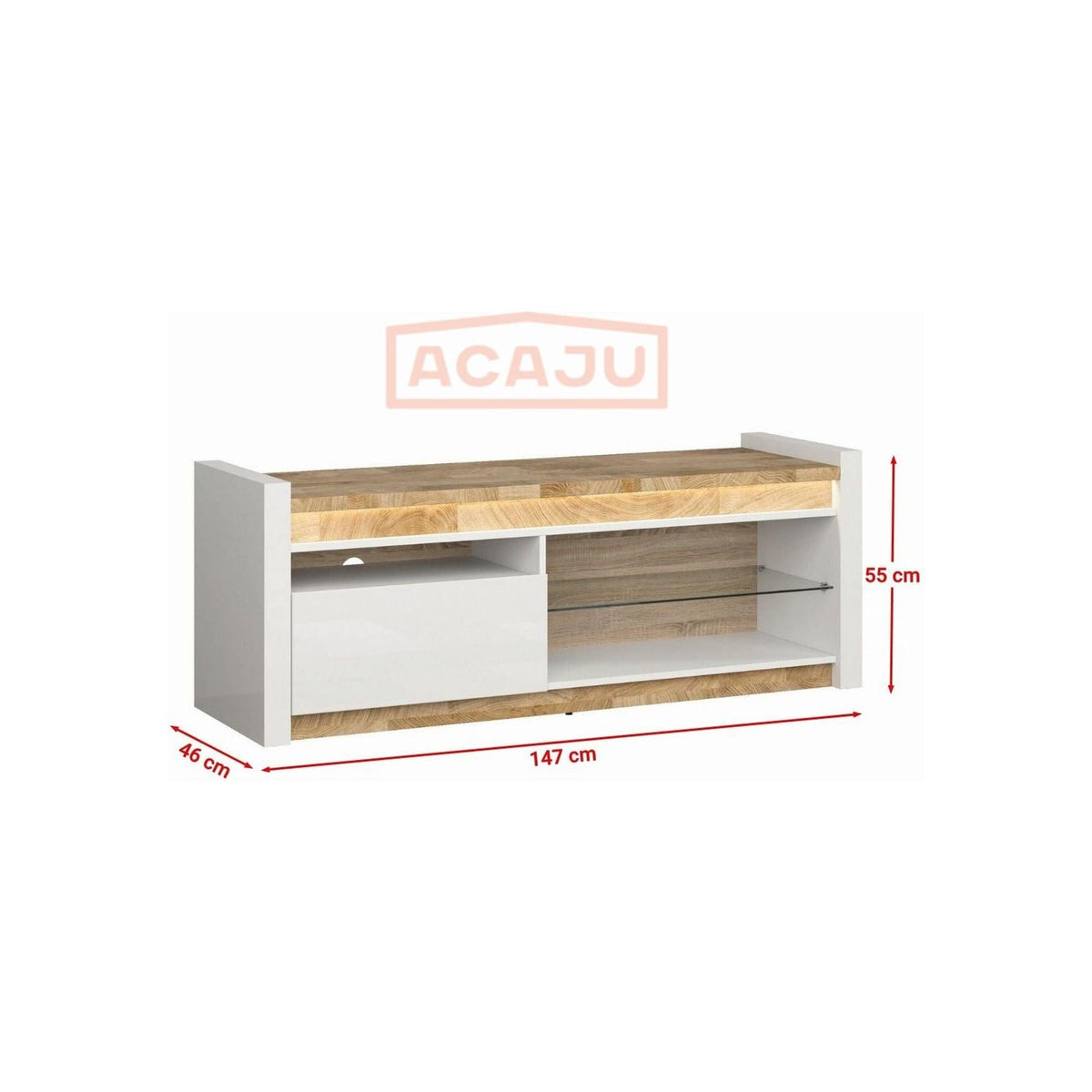 Comoda TV ALAMEDA, alb/stejar, PAL, 147x46x55 cm