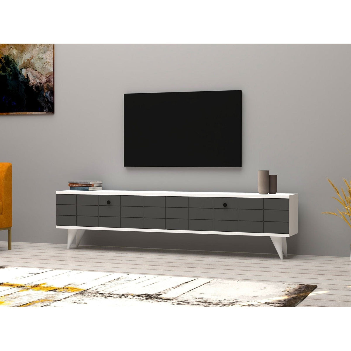 Comoda TV Alberi, alb/gri antracit, PAL melaminat, 160x25x35 cm