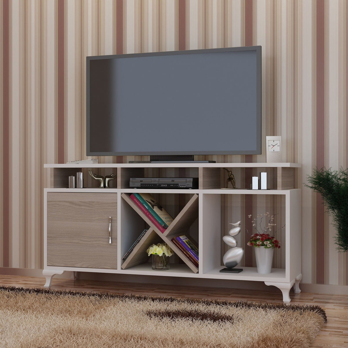 Comoda TV AY, alb/stejar, PAL melaminat, 120x30x54 cm