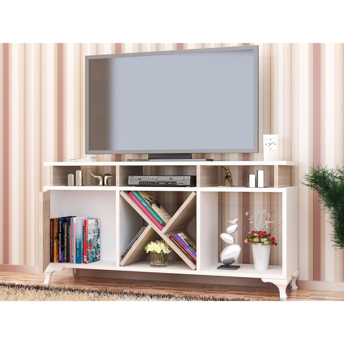 Comoda TV AY, alb/stejar, PAL melaminat, 120x30x54 cm