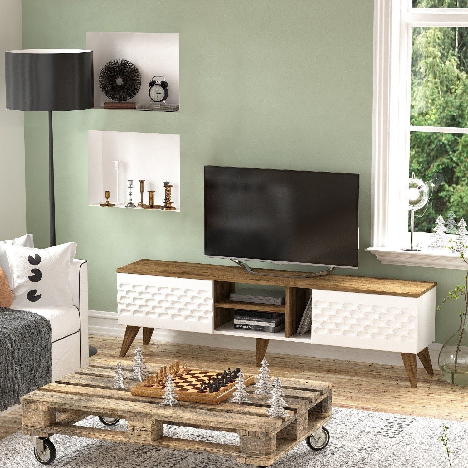 Comoda TV Egg, stejar/alb, PAL melaminat, 180x35x53 cm