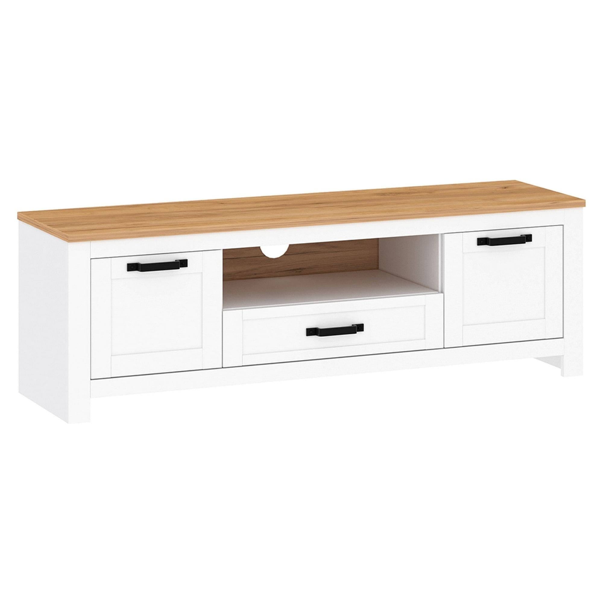 Comoda TV LANZETTE B, alb/stejar craft auriu/negru, DTD laminat, 164x46x54 cm