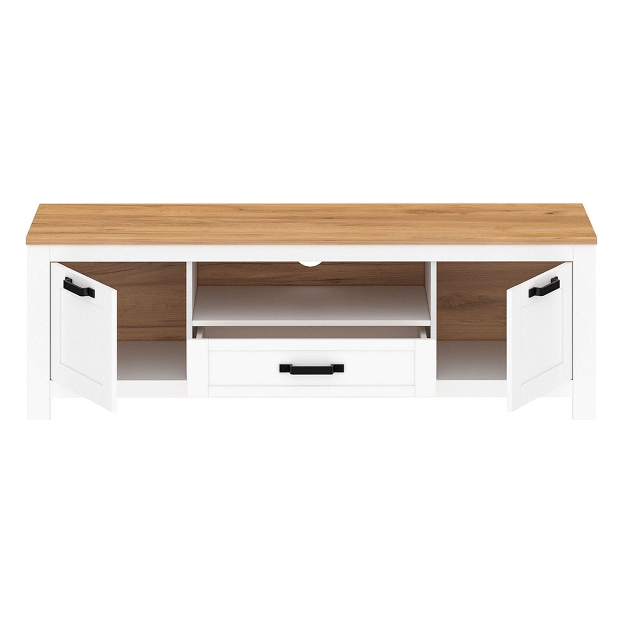 Comoda TV LANZETTE B, alb/stejar craft auriu/negru, DTD laminat, 164x46x54 cm