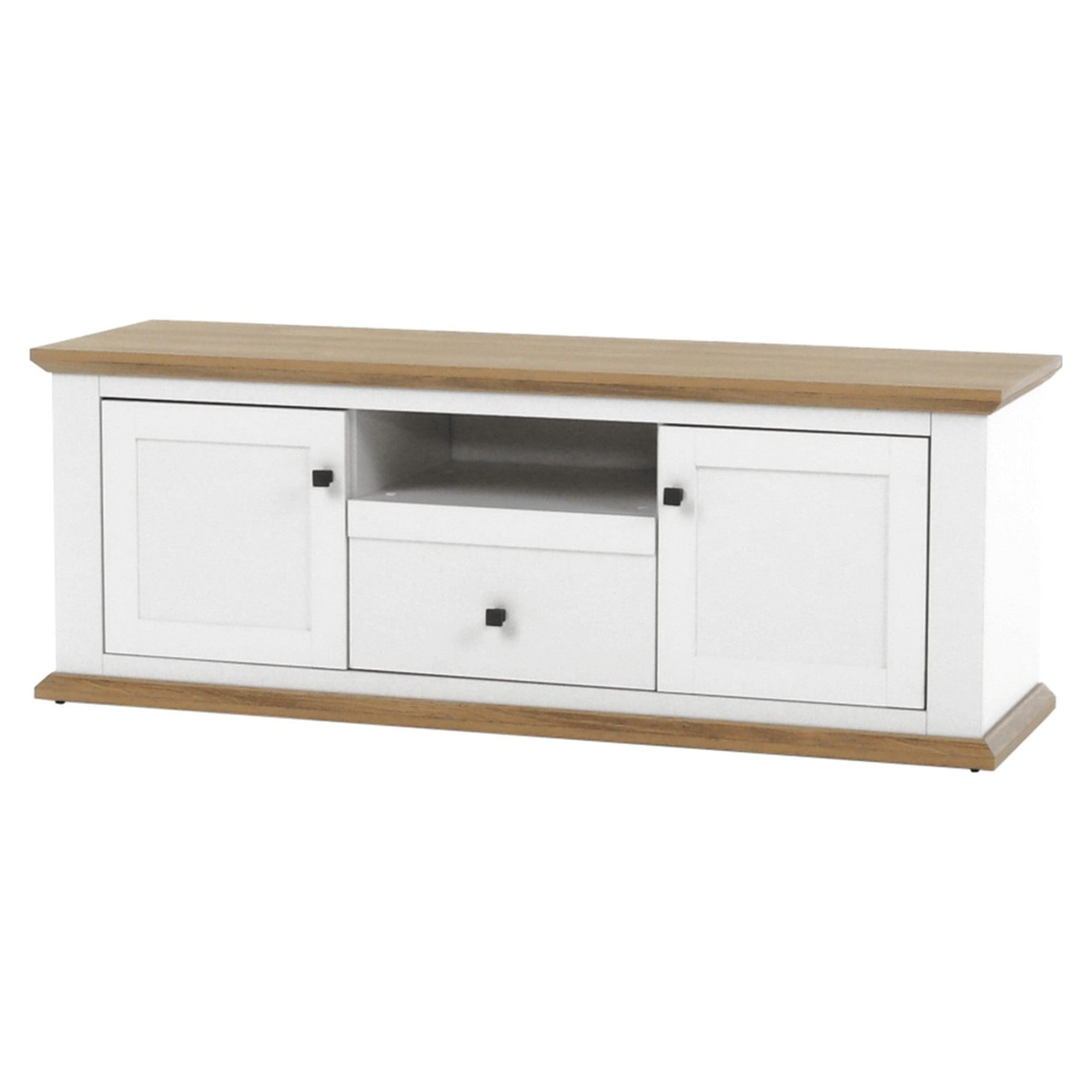 Comoda TV LEON MZ15, alb/stejar grand, DTD laminat, 150x45x55 cm
