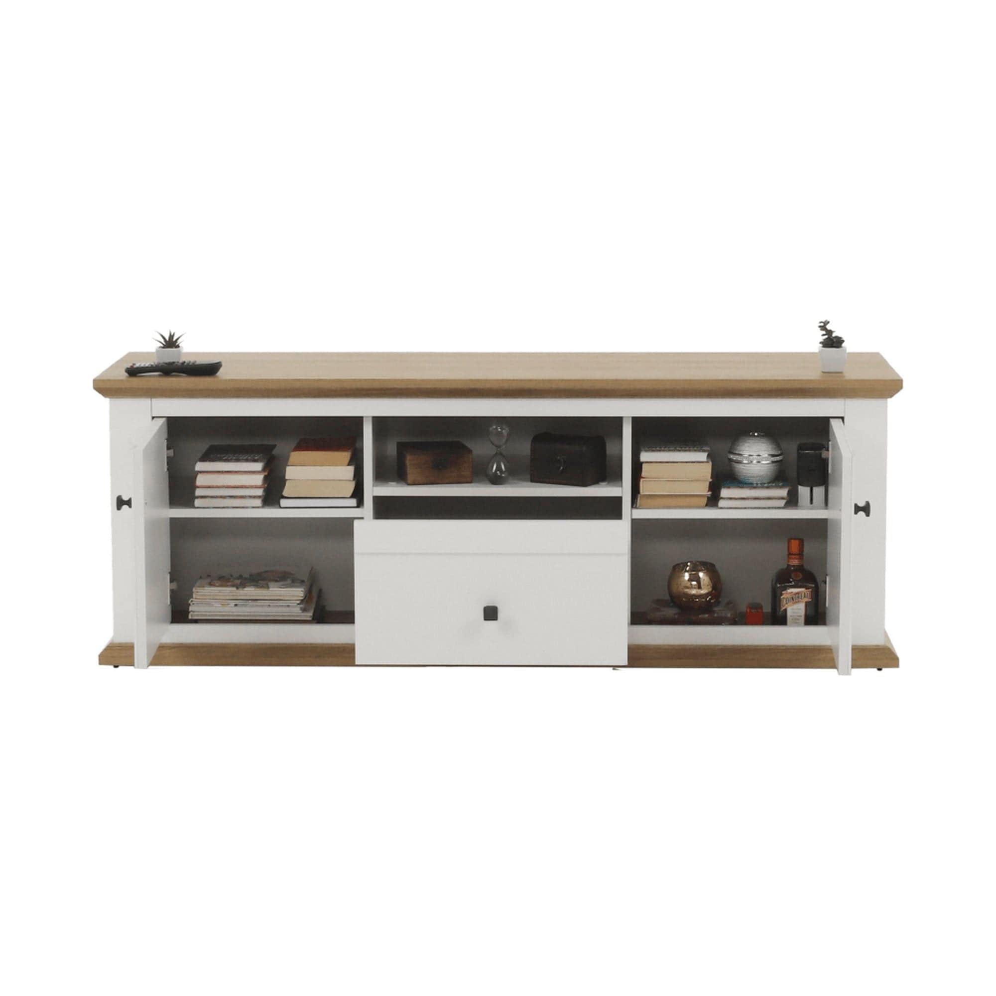 Comoda TV LEON MZ15, alb/stejar grand, DTD laminat, 150x45x55 cm