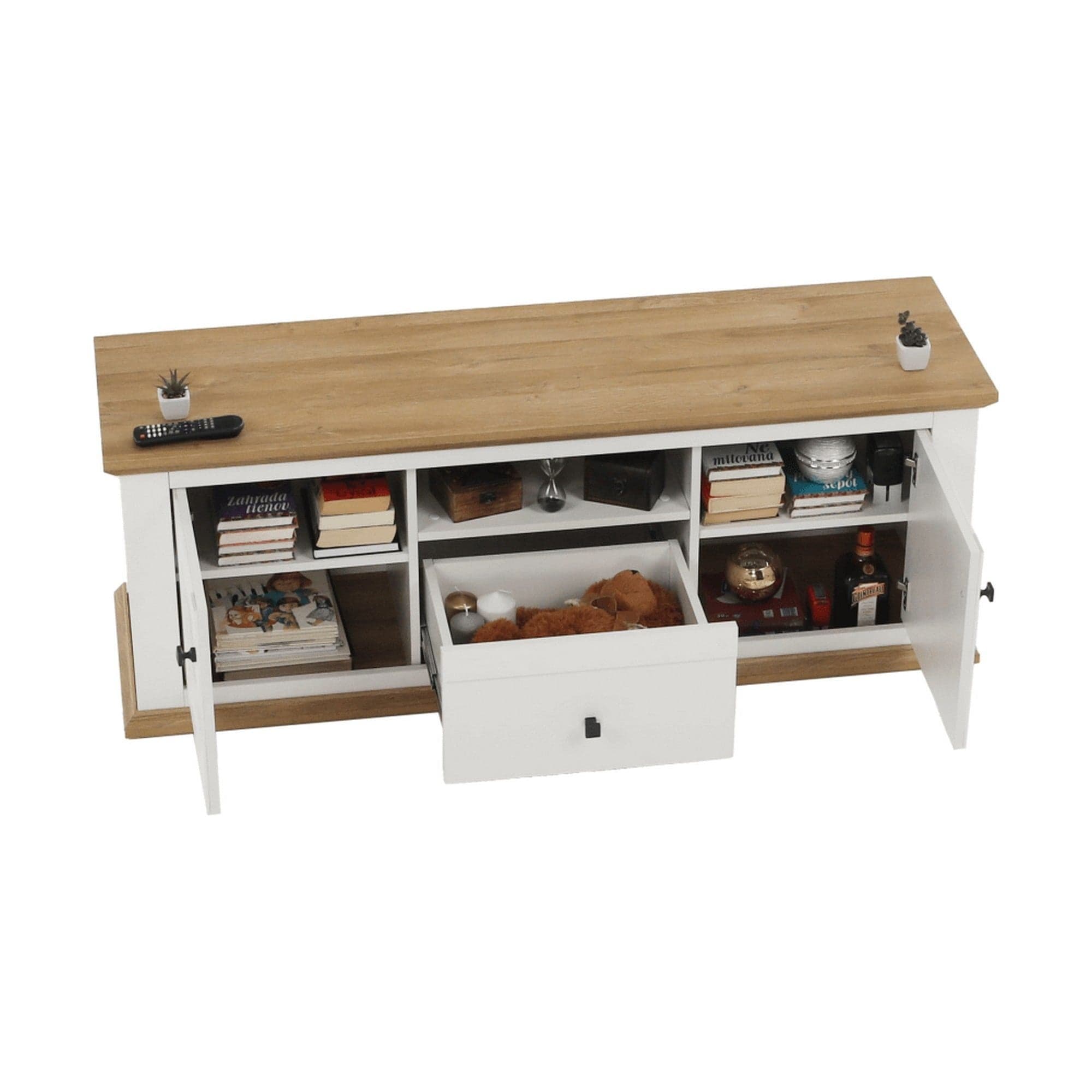 Comoda TV LEON MZ15, alb/stejar grand, DTD laminat, 150x45x55 cm