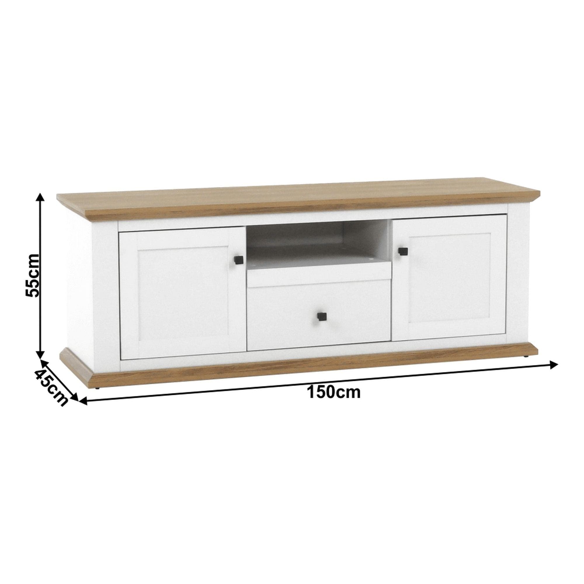 Comoda TV LEON MZ15, alb/stejar grand, DTD laminat, 150x45x55 cm