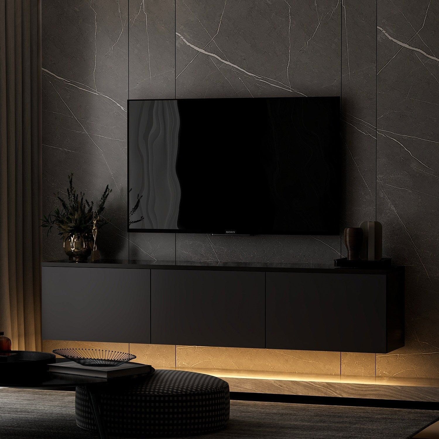 Comoda TV NEON ILLUMINATED, gri antracit, PAL melaminat, 160x32x35 cm