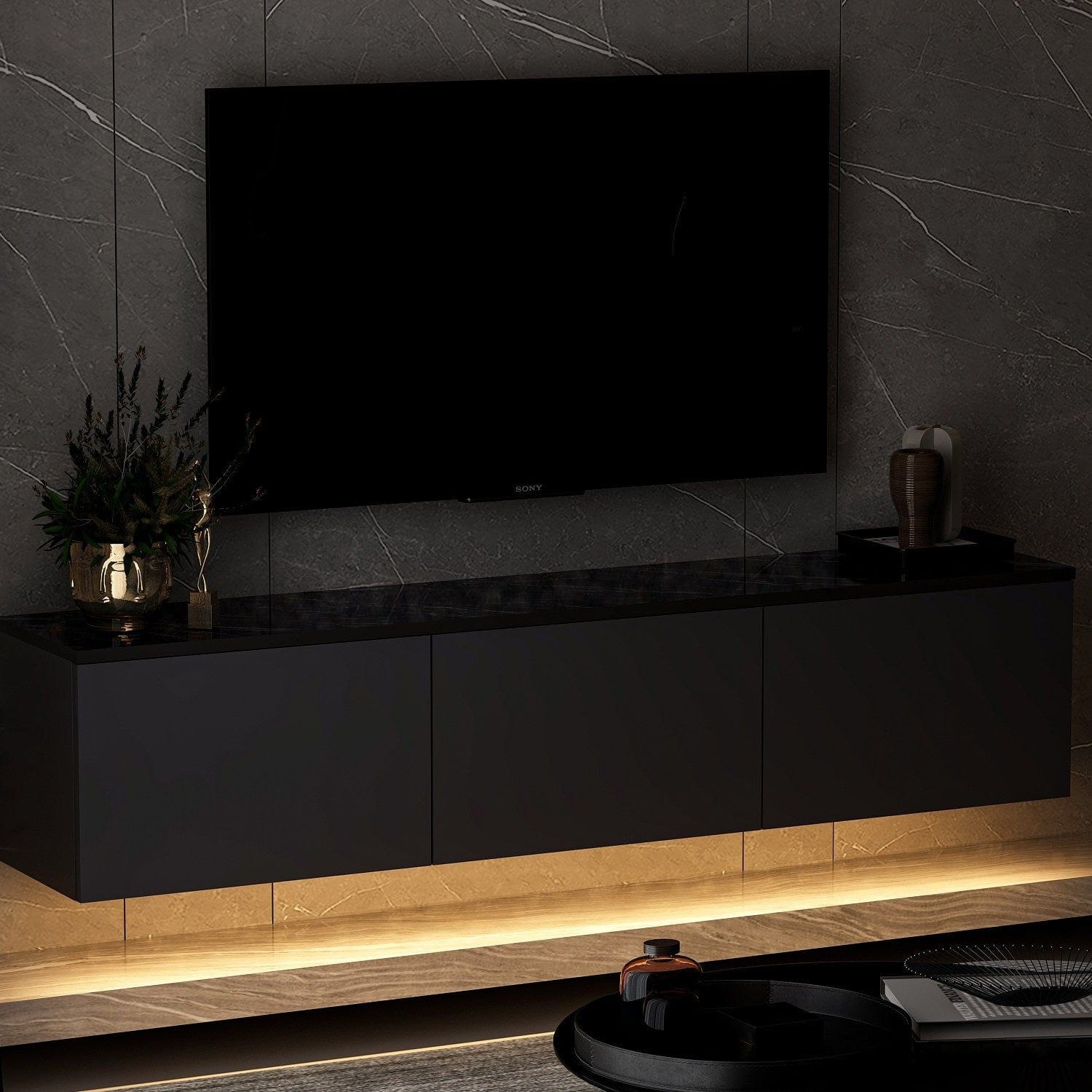 Comoda TV NEON ILLUMINATED, gri antracit, PAL melaminat, 160x32x35 cm