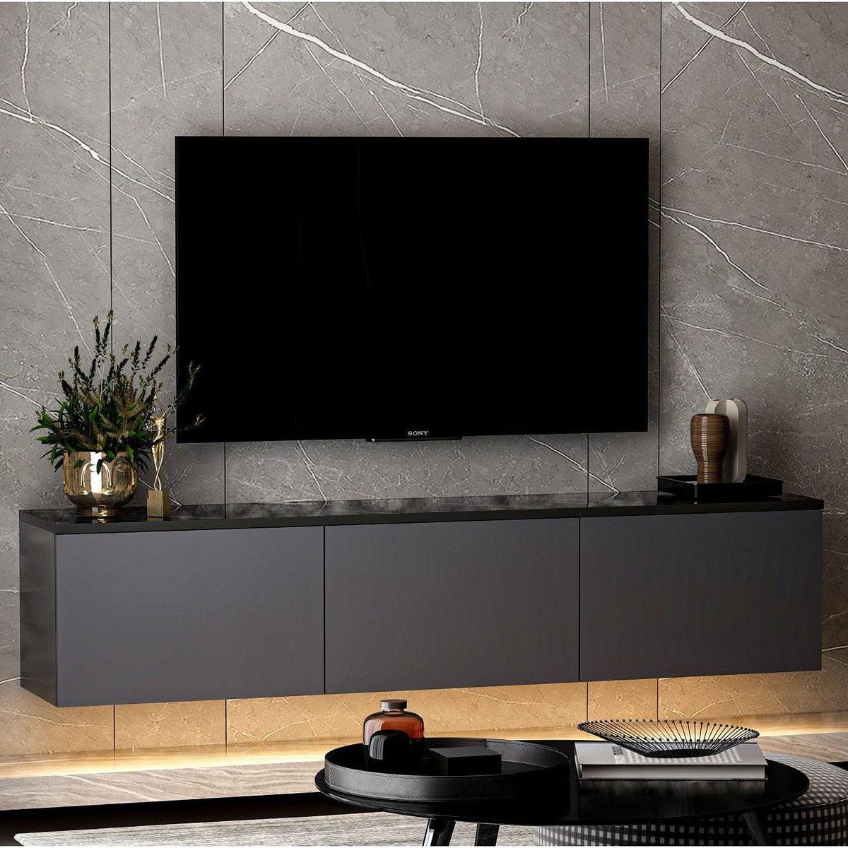Comoda TV NEON ILLUMINATED, gri antracit, PAL melaminat, 160x32x35 cm