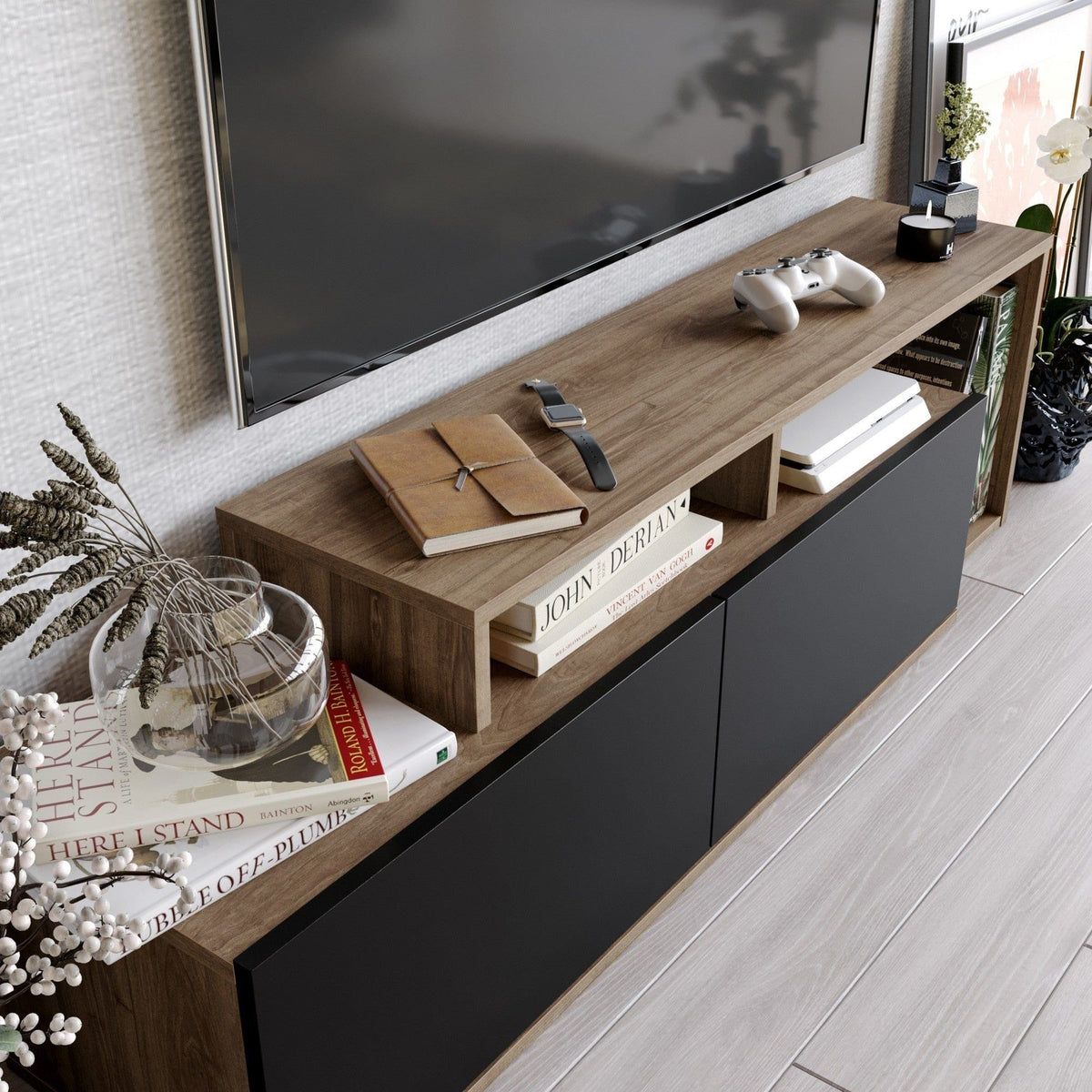 Comoda TV Nexera, negru/nuc, PAL melaminat, 150x35x43 cm