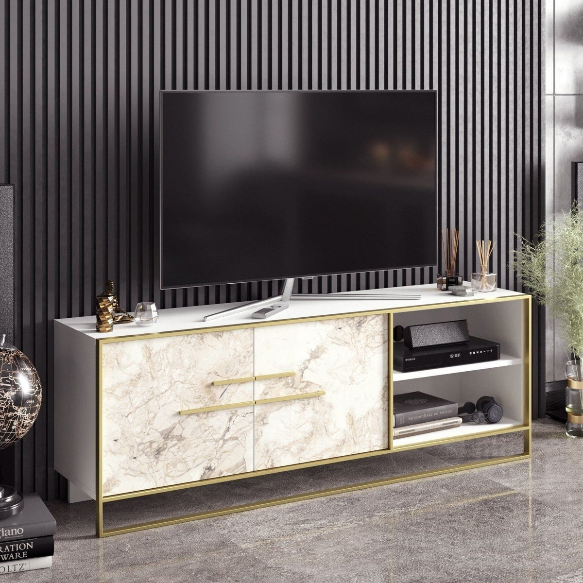 Comoda TV POLKA, alb/auriu, PAL melaminat/metal, 160x39x57 cm