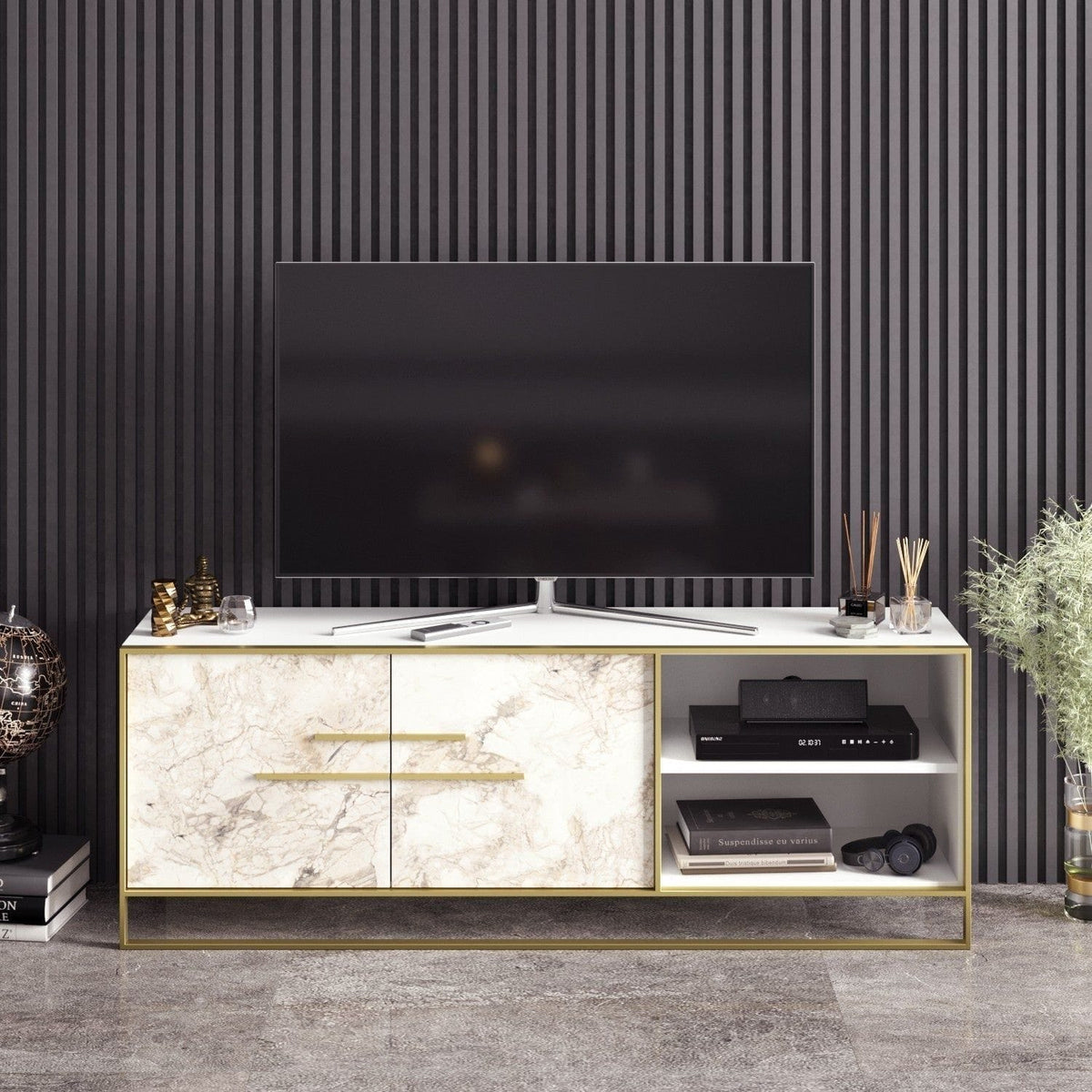 Comoda TV POLKA, alb/auriu, PAL melaminat/metal, 160x39x57 cm