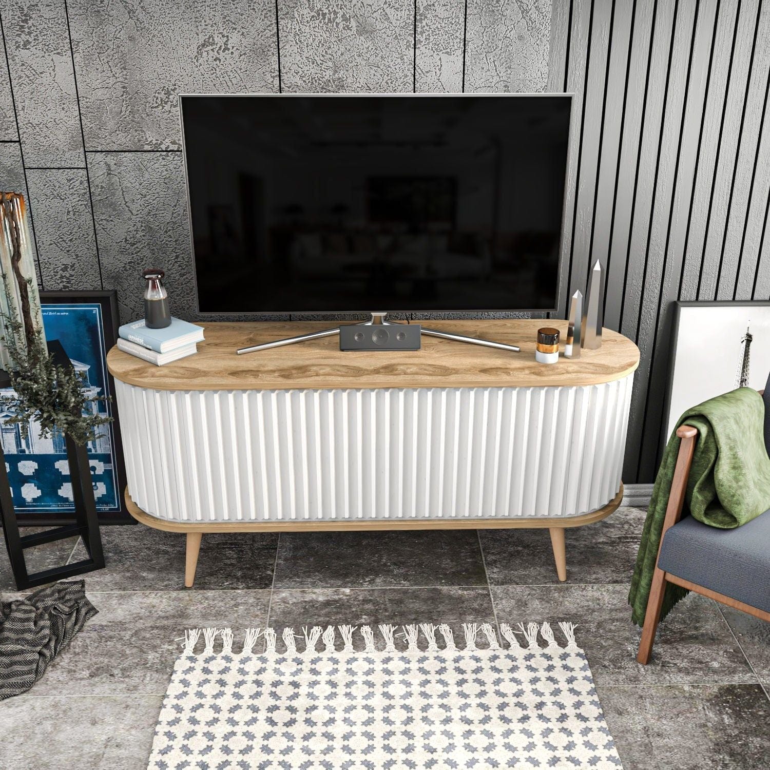 Comoda TV STOR, alb/stejar, PAL melaminat, 140x43x64 cm