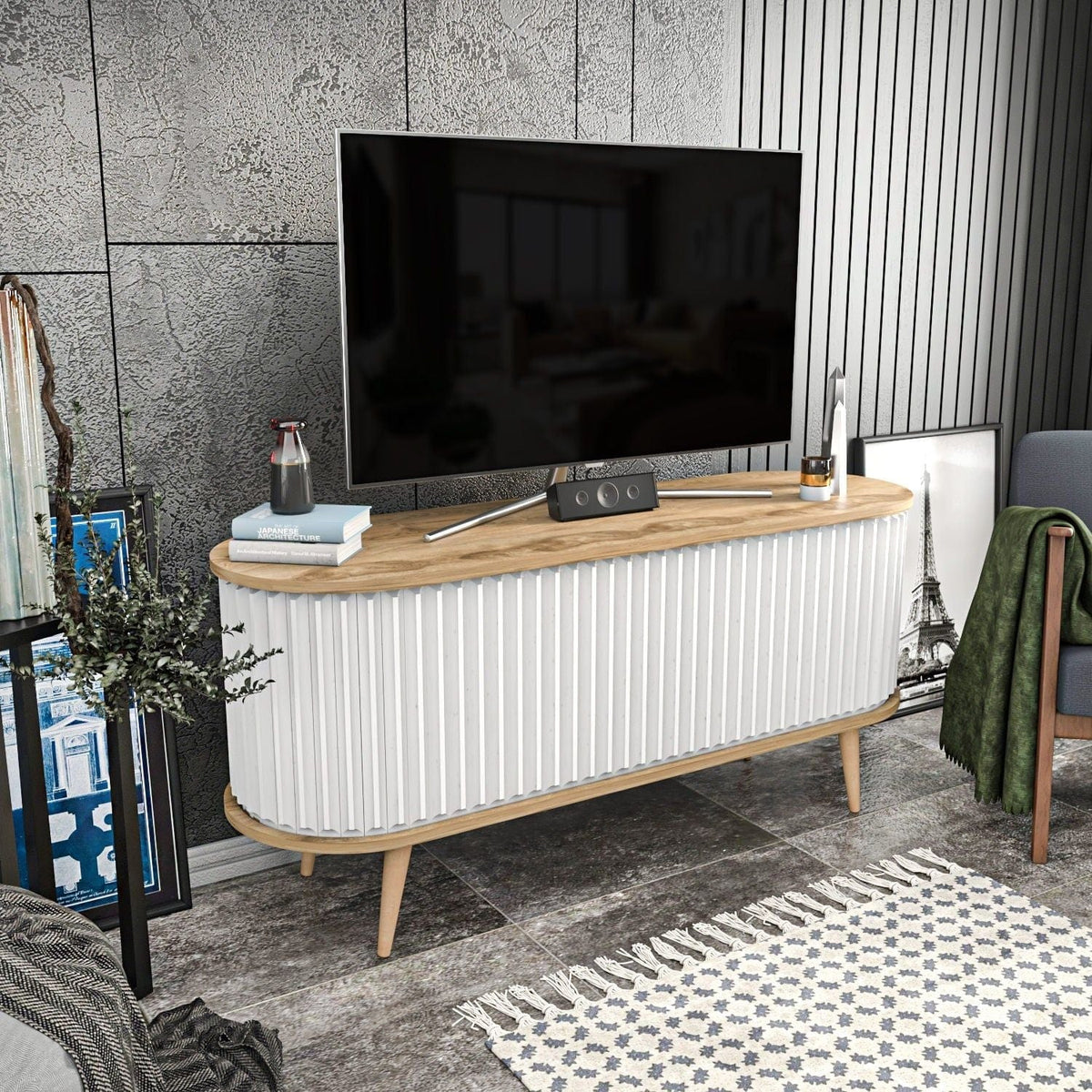 Comoda TV STOR, alb/stejar, PAL melaminat, 140x43x64 cm