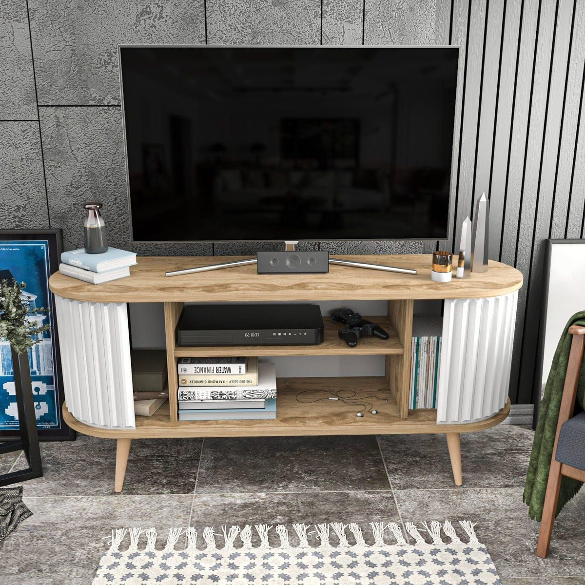 Comoda TV STOR, alb/stejar, PAL melaminat, 140x43x64 cm