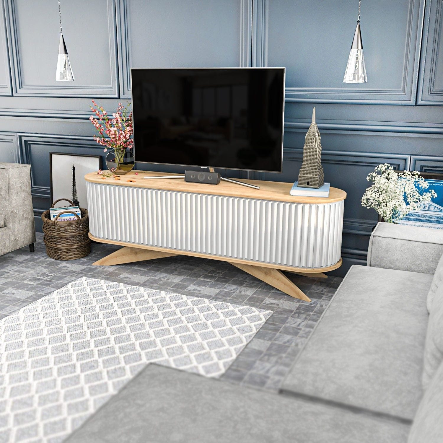 Comoda TV STOR, stejar/alb, PAL melaminat, 180x43x60 cm