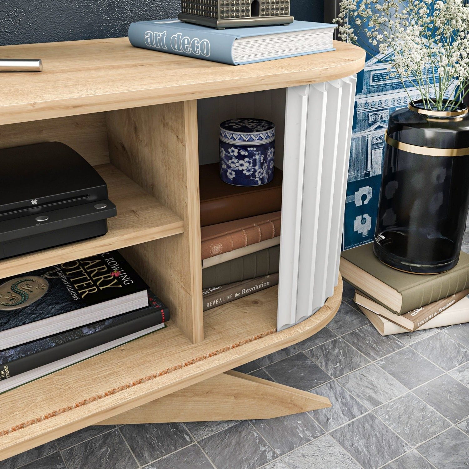 Comoda TV STOR, stejar/alb, PAL melaminat, 180x43x60 cm