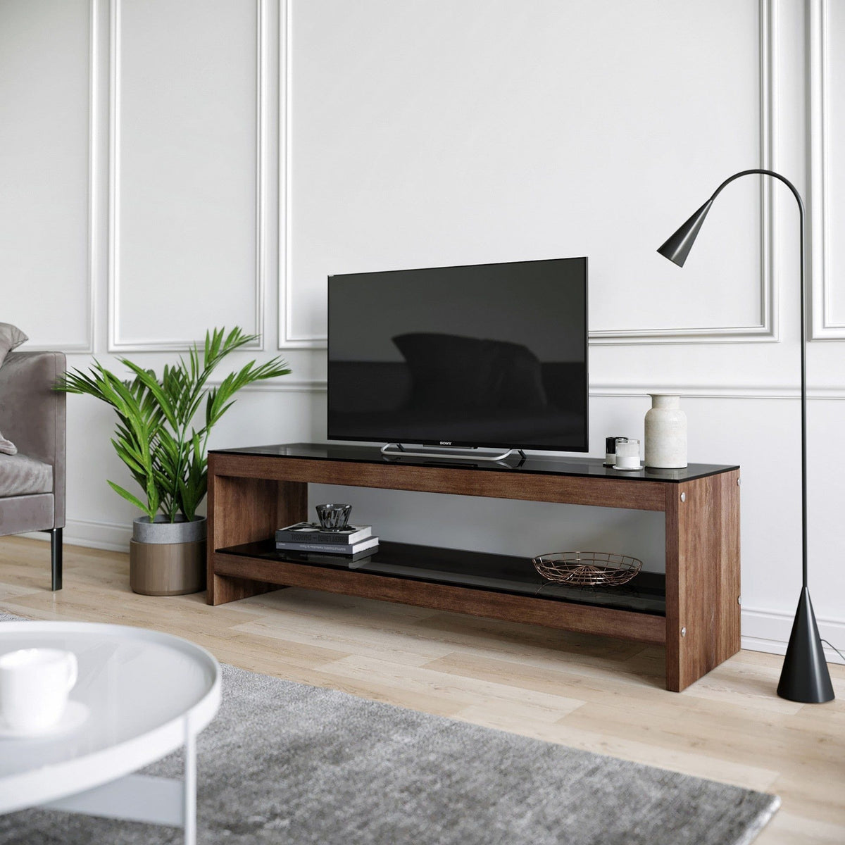 Comoda TV TV301, nuc, lemn/sticla, 140x40x45 cm