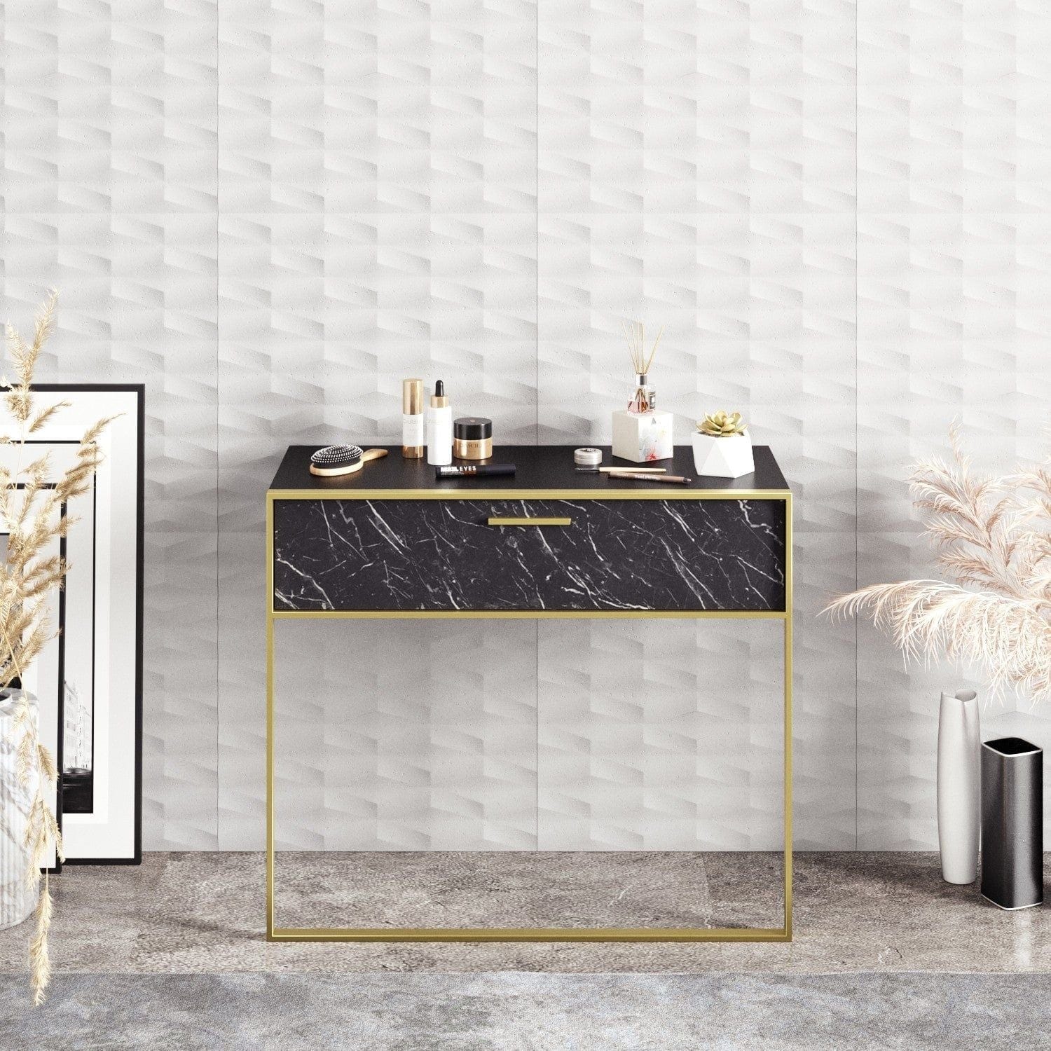 Consola POLKA, negru/auriu, PAL melaminat/metal, 90x39x77 cm