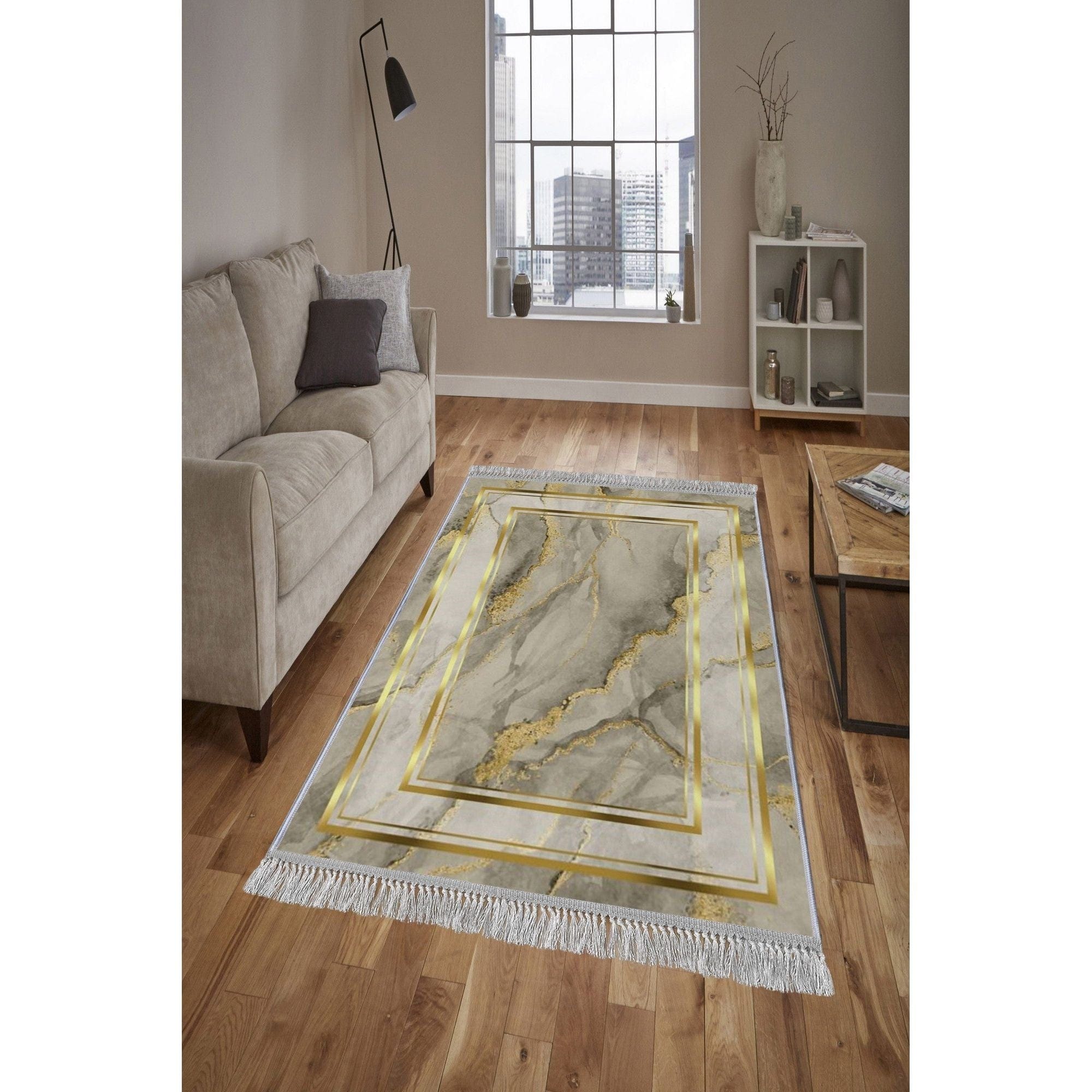 Covor, 80x150 cm, forma dreptunghiulara, tesatura de catifea/bumbac, auriu, ELS2418