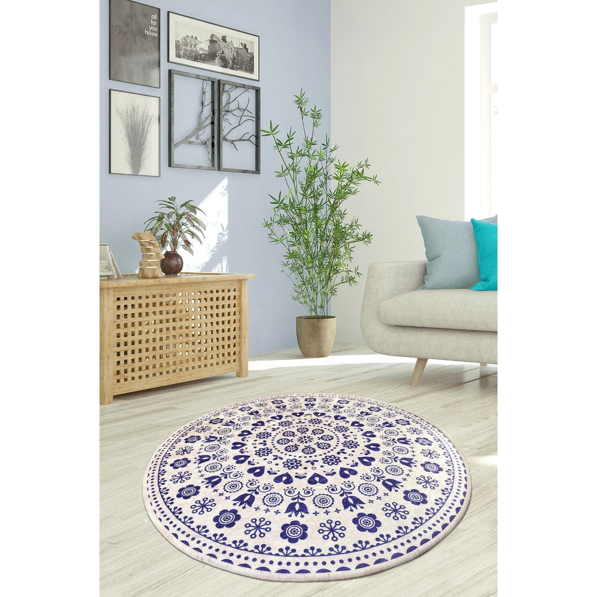 Covor VENICE, 100x100 cm, forma rotunda, tesatura de catifea/poliester, alb/albastru