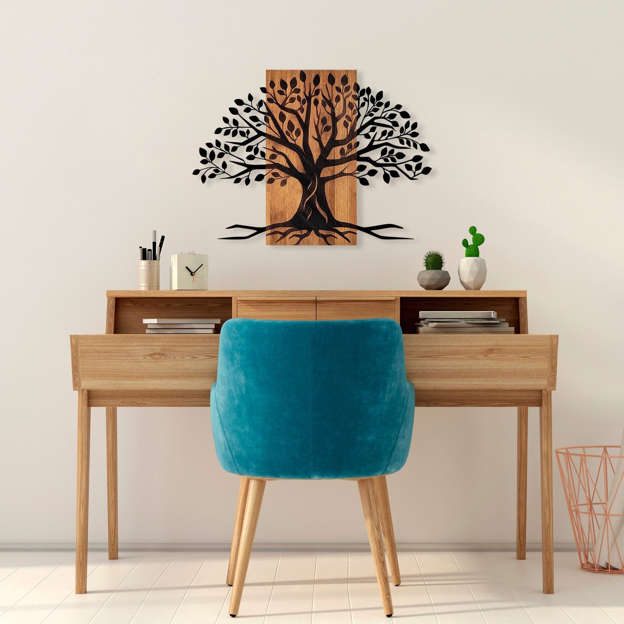 Decoratiune perete 899SKL2463, stejar/negru, lemn/metal, 79x58 cm