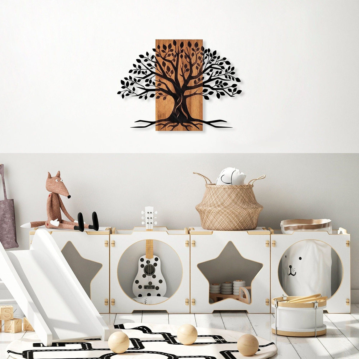 Decoratiune perete 899SKL2463, stejar/negru, lemn/metal, 79x58 cm