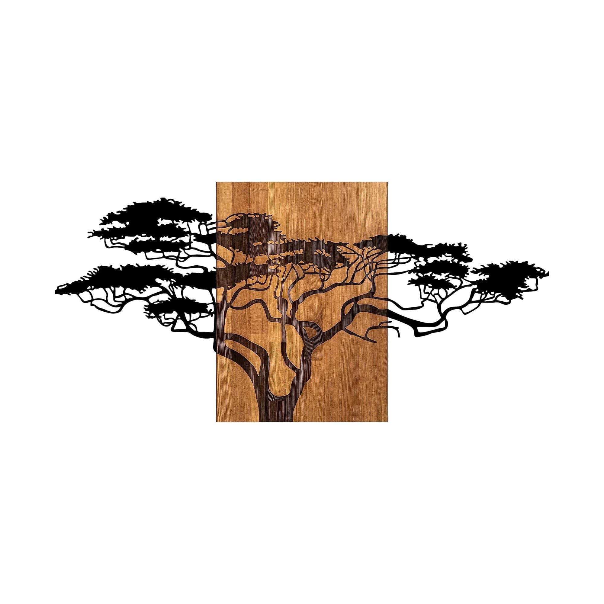 Decoratiune perete ACACIA TREE-329, negru/stejar, metal/lemn, 144x3x70 cm