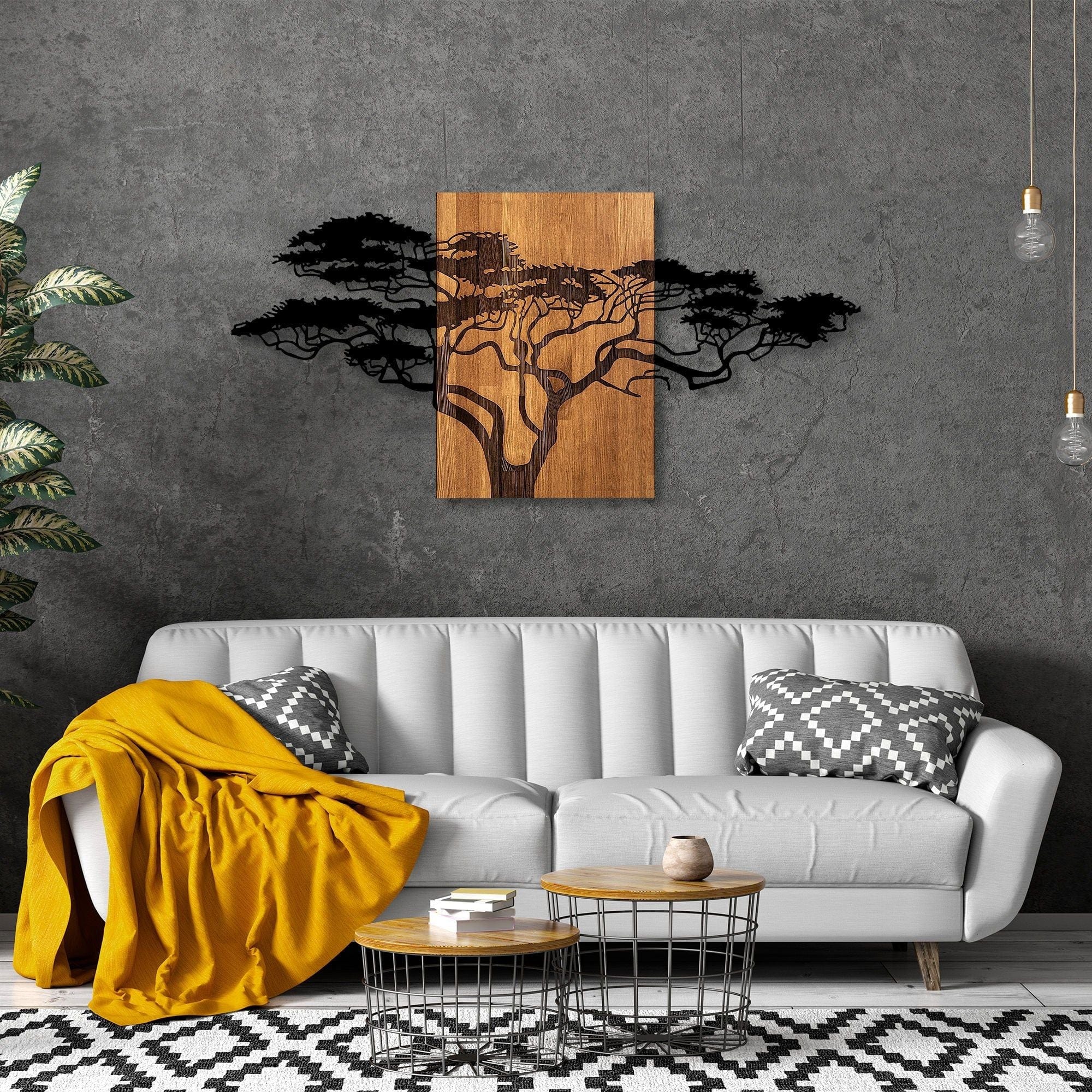 Decoratiune perete ACACIA TREE-329, negru/stejar, metal/lemn, 144x3x70 cm
