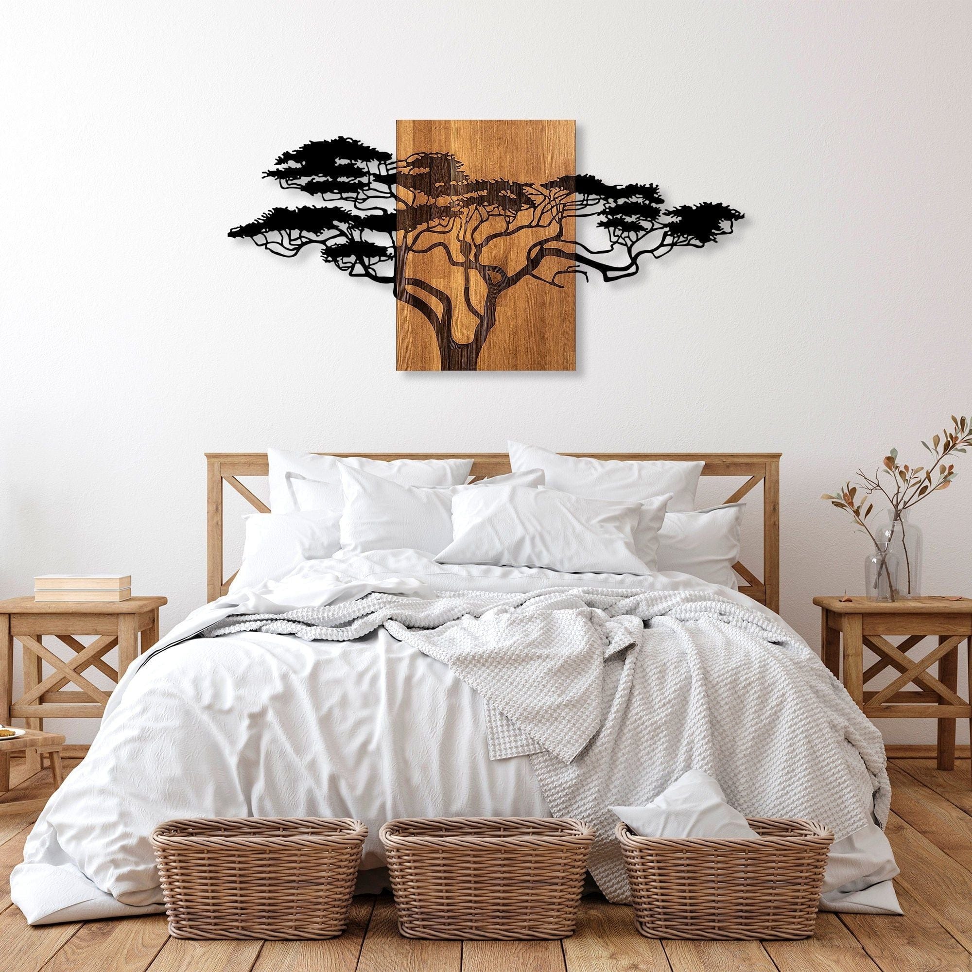 Decoratiune perete ACACIA TREE-329, negru/stejar, metal/lemn, 144x3x70 cm