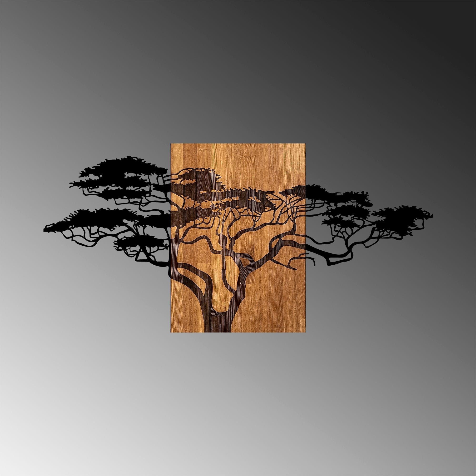 Decoratiune perete ACACIA TREE-329, negru/stejar, metal/lemn, 144x3x70 cm