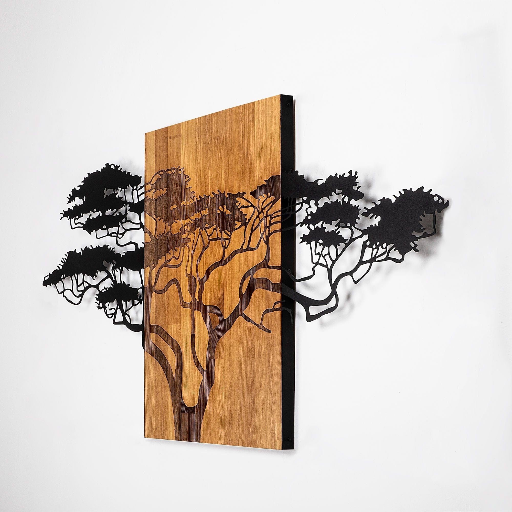 Decoratiune perete ACACIA TREE-329, negru/stejar, metal/lemn, 144x3x70 cm