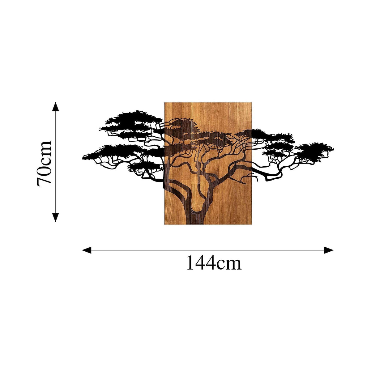 Decoratiune perete ACACIA TREE-329, negru/stejar, metal/lemn, 144x3x70 cm