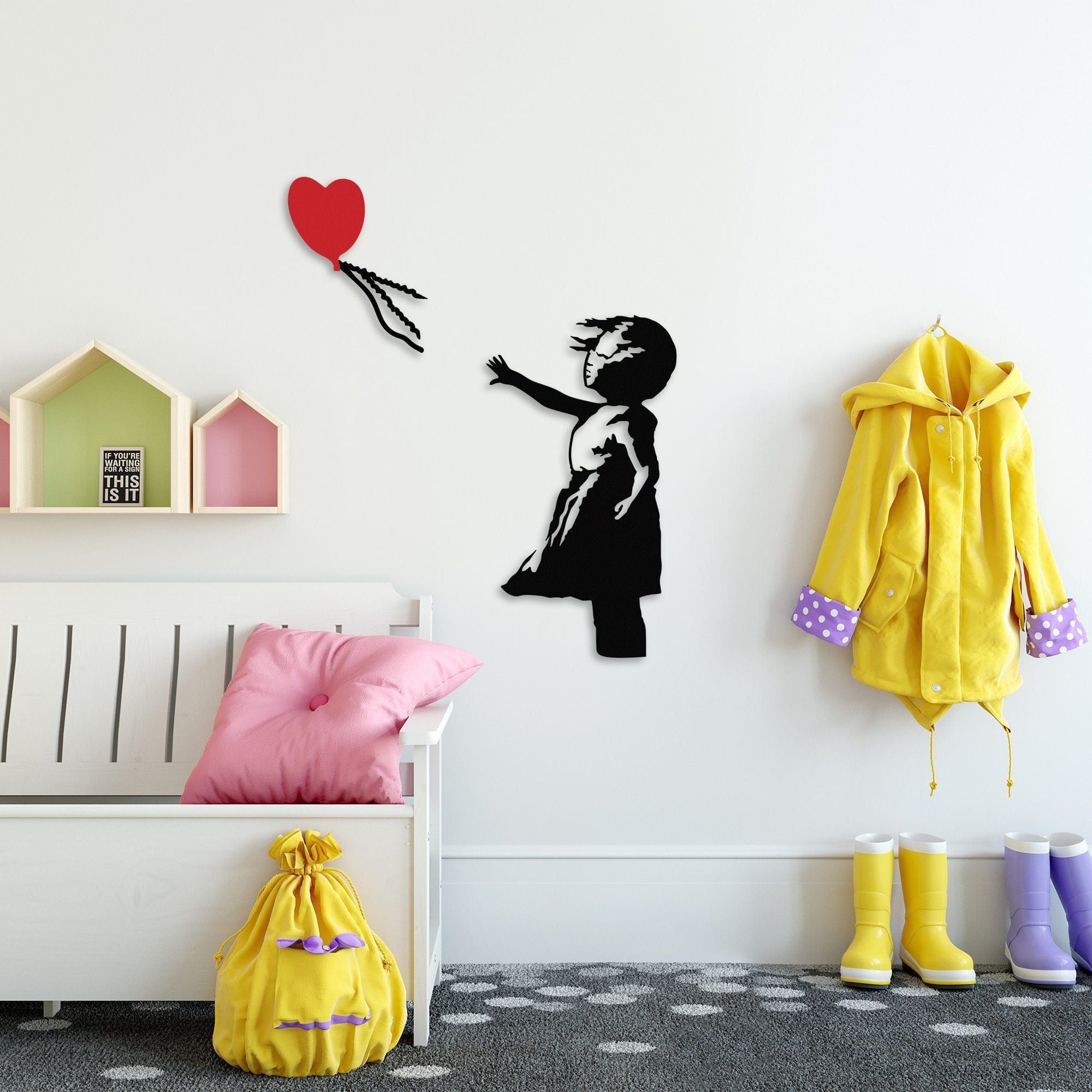 Decoratiune perete BANKSY-13, negru/rosu, metal, 85x105 cm