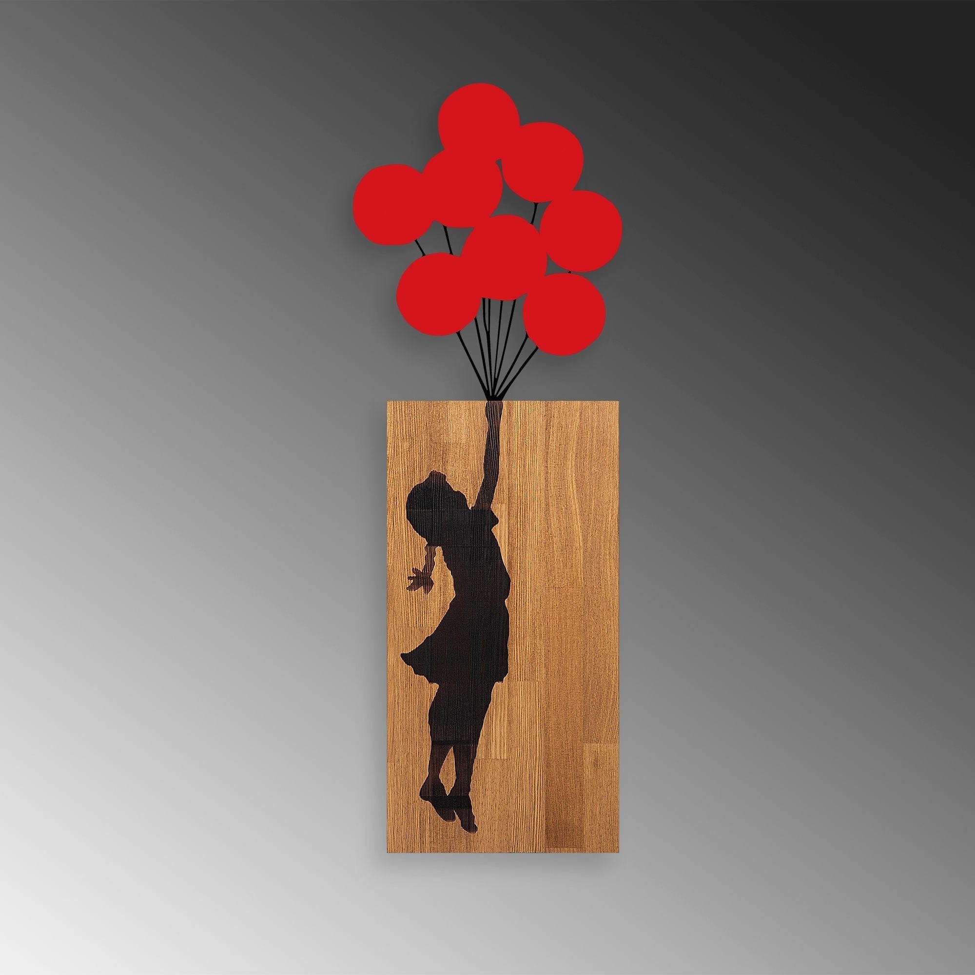 Decoratiune perete BANKSY-17, stejar/negru/rosu, lemn/metal, 34x99 cm
