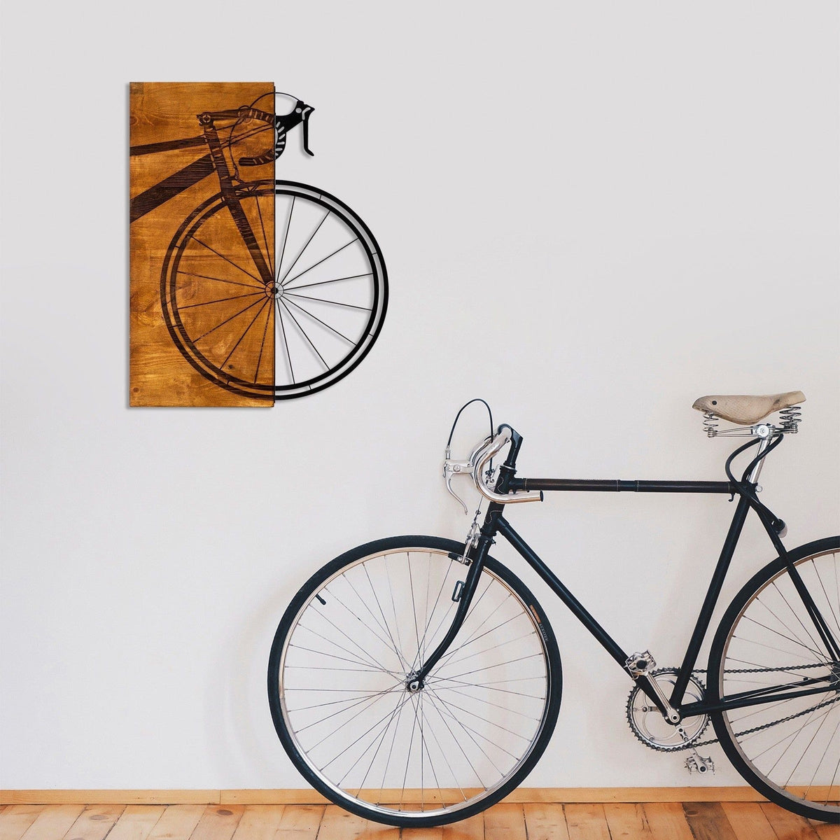 Decoratiune perete BISIKLET, stejar/negru, lemn/metal, 45x58 cm
