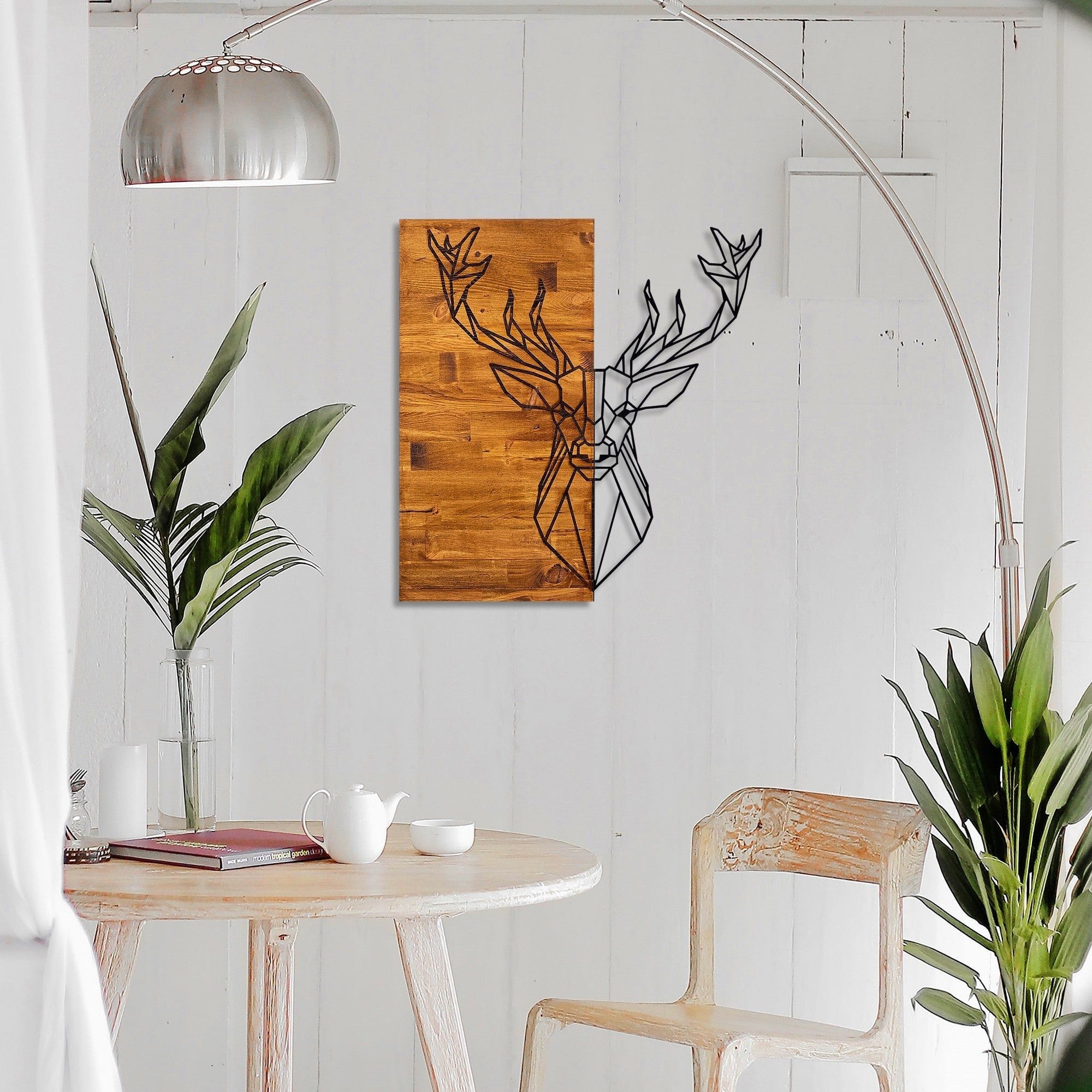 Decoratiune perete DEER1, stejar/negru, lemn/metal, 56x3x58 cm