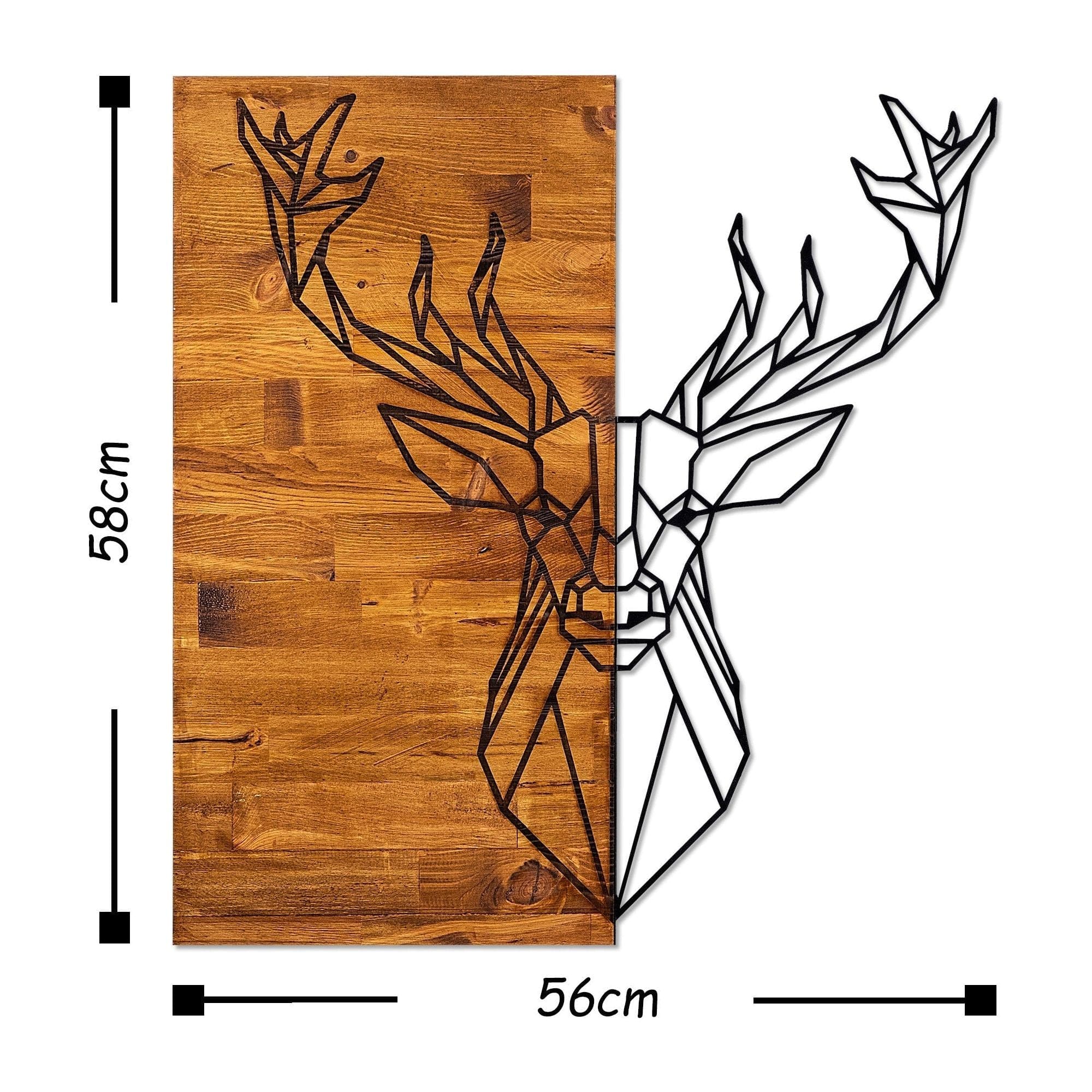 Decoratiune perete DEER1, stejar/negru, lemn/metal, 56x3x58 cm