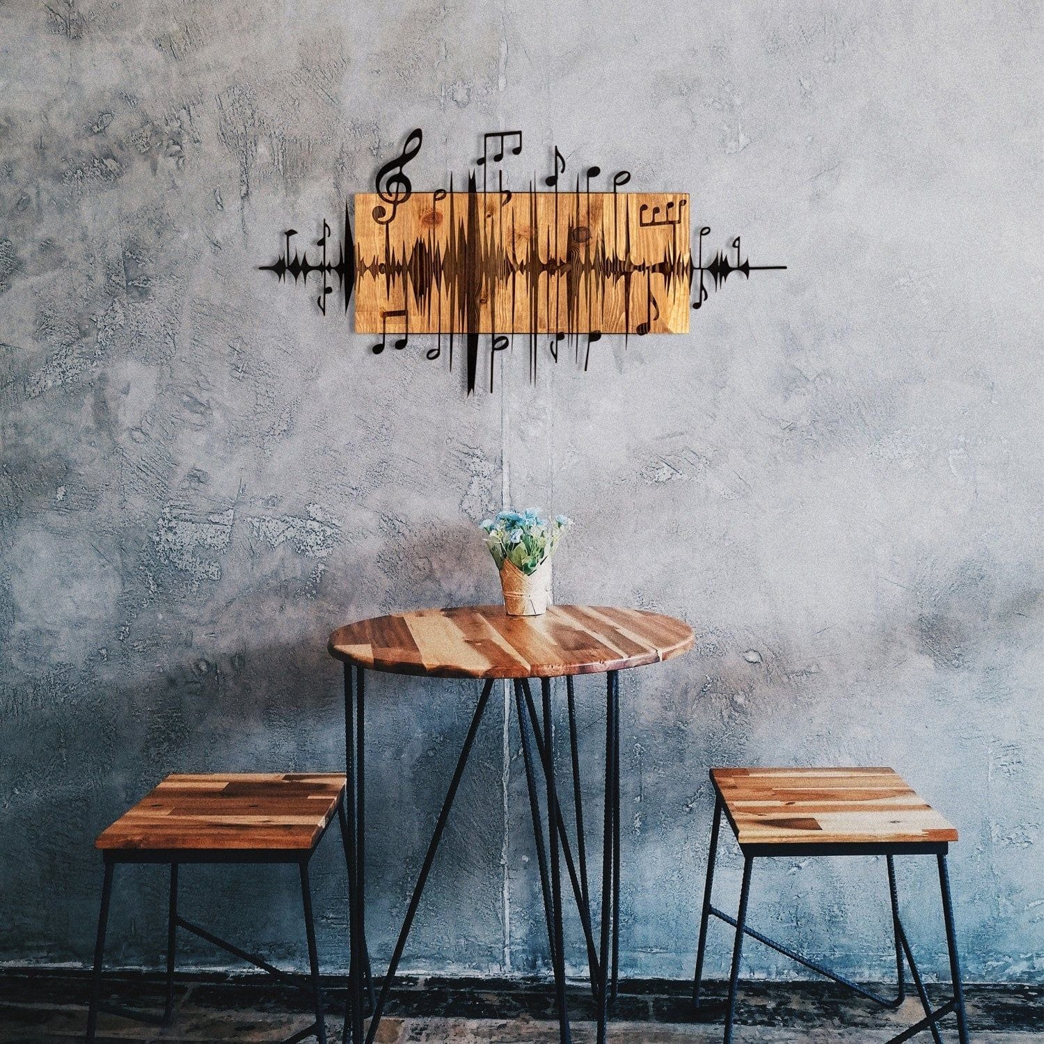 Decoratiune perete EFSA, negru/stejar, metal/lemn, 90x47 cm